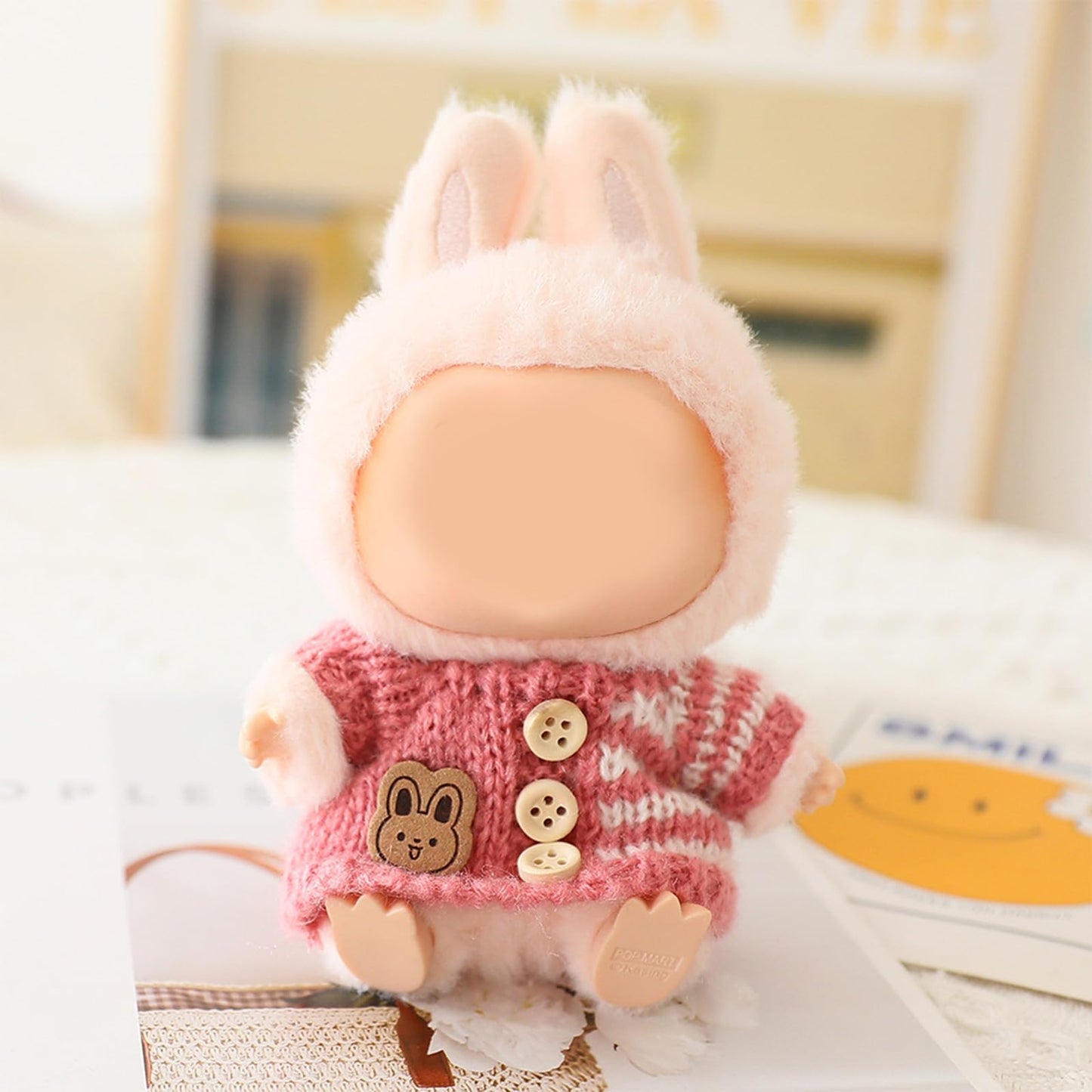 Labubu 17cm Doll Clothes Set – 3-Piece Crochet Outfit (Bunny Sweater, Hat & Bag) Pink