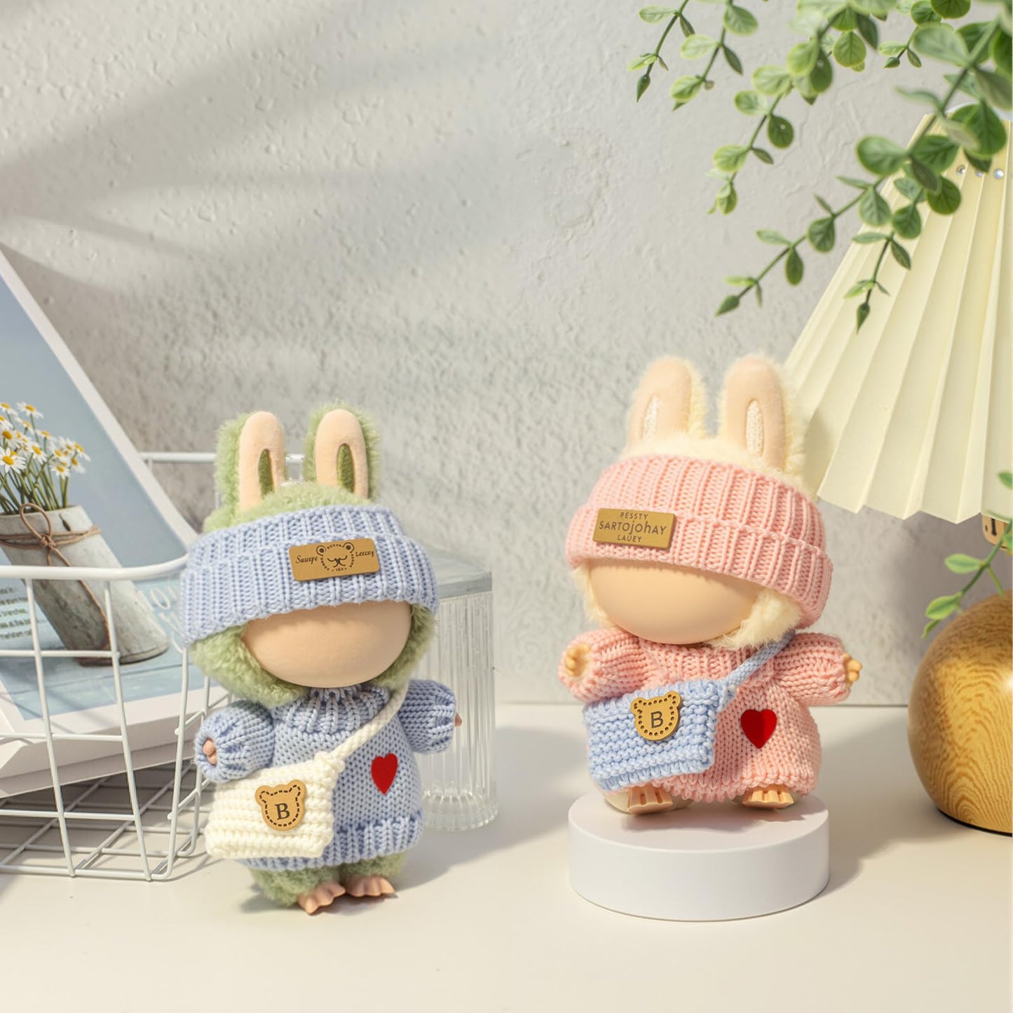 Labubu 3-Piece Crochet Outfit for 17cm LABUBU Doll – Heart Sweater, Hat & Bag (Pink)
