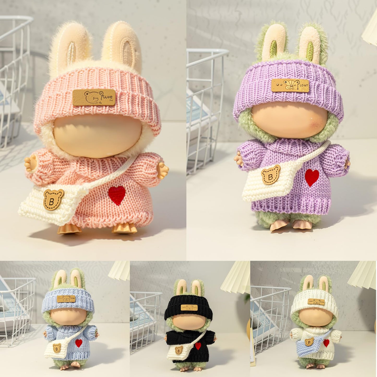 Labubu 3-Piece Crochet Outfit for 17cm LABUBU Doll – Heart Sweater, Hat & Bag (Pink)