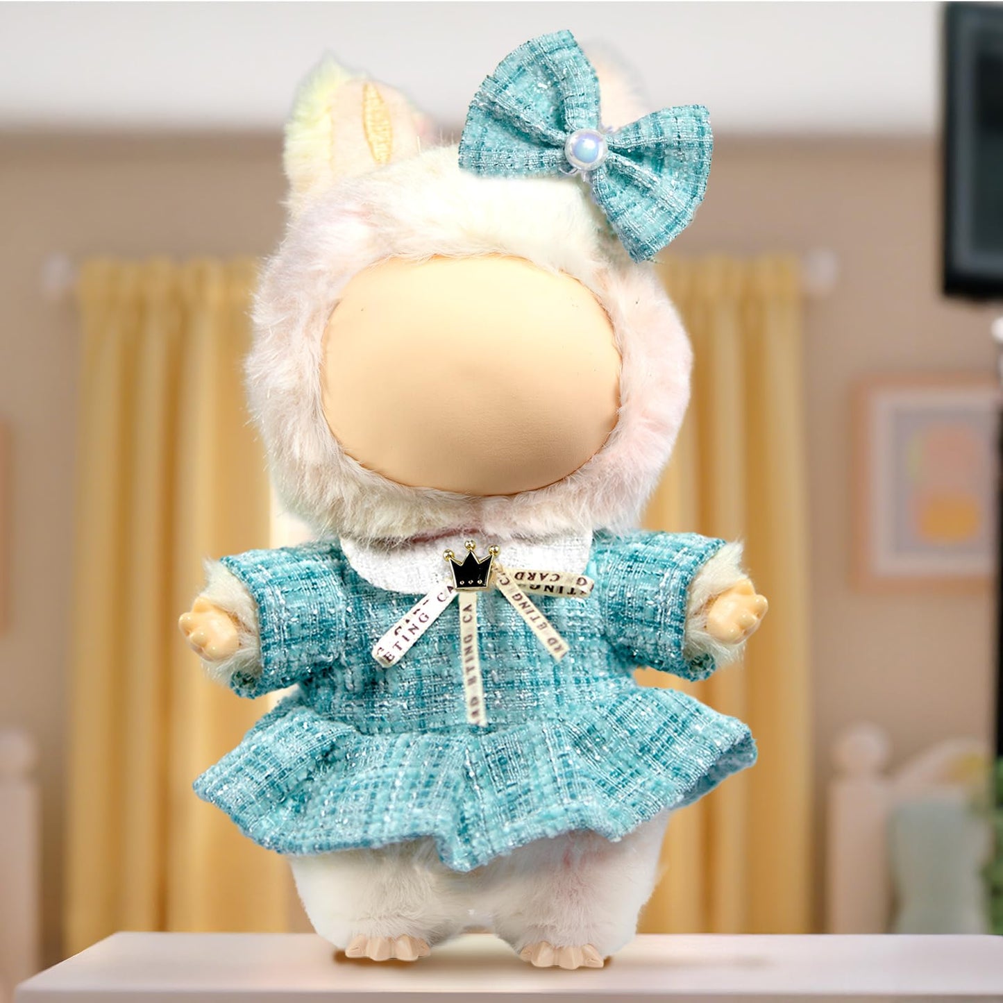 LABUBU 17cm Doll Clothes – Bow Headdress & Plaid Tweed Dress (Blue)