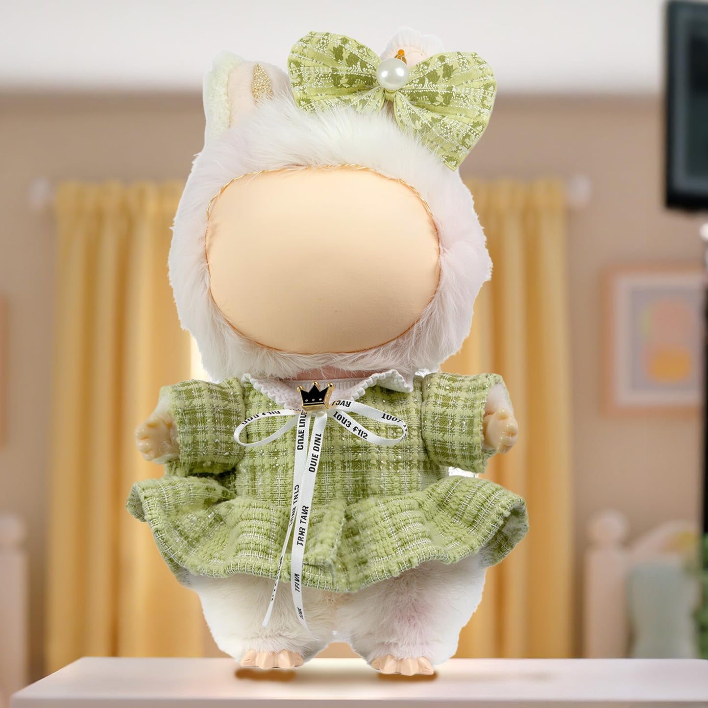LABUBU 17cm Doll Clothes Set – Bow Headdress & Plaid Tweed Dress, Luxury 2-Piece Outfit