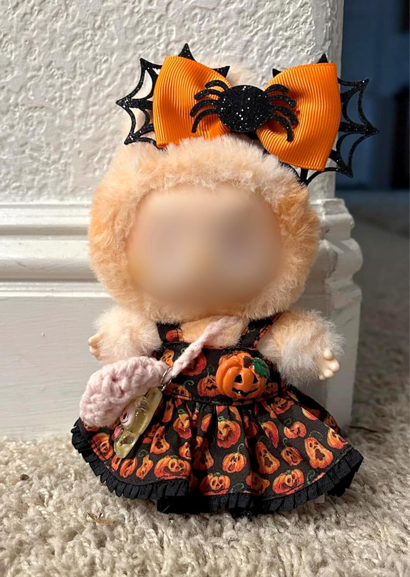 LABUBU 17cm Doll Clothes - Pumpkin Princess 2-Piece Outfit (Spider Headdress + Pumpkin Dress)