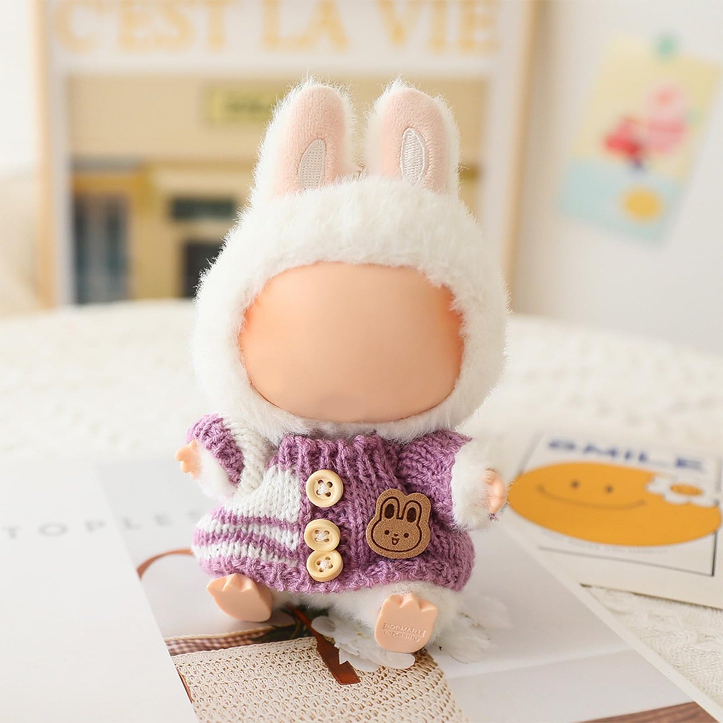 Labubu 17cm Doll Clothes Set – Handmade Crochet 3-Piece Outfit (Purple) Bunny Sweater, Hat & Bag