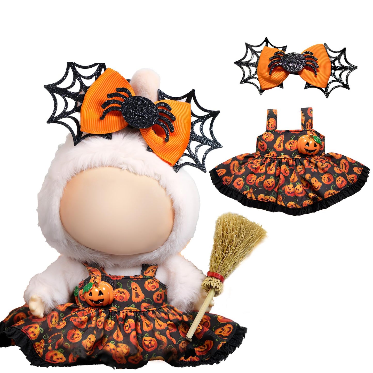 LABUBU 17cm Doll Clothes - Pumpkin Princess 2-Piece Outfit (Spider Headdress + Pumpkin Dress)