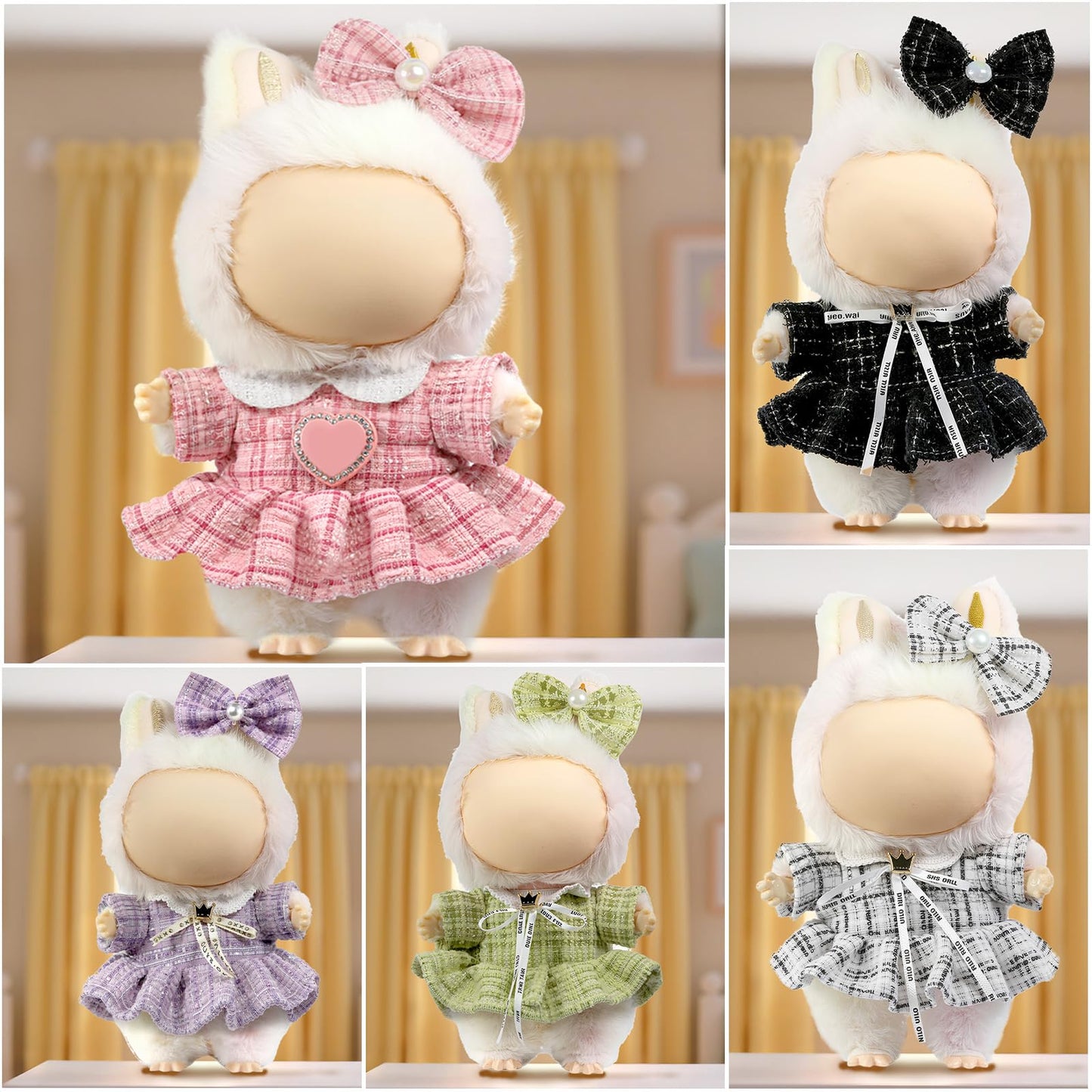 LABUBU 17cm Doll Clothes – Luxury 2-Piece Set with Bow Headdress & Plaid Tweed Dress (Black)