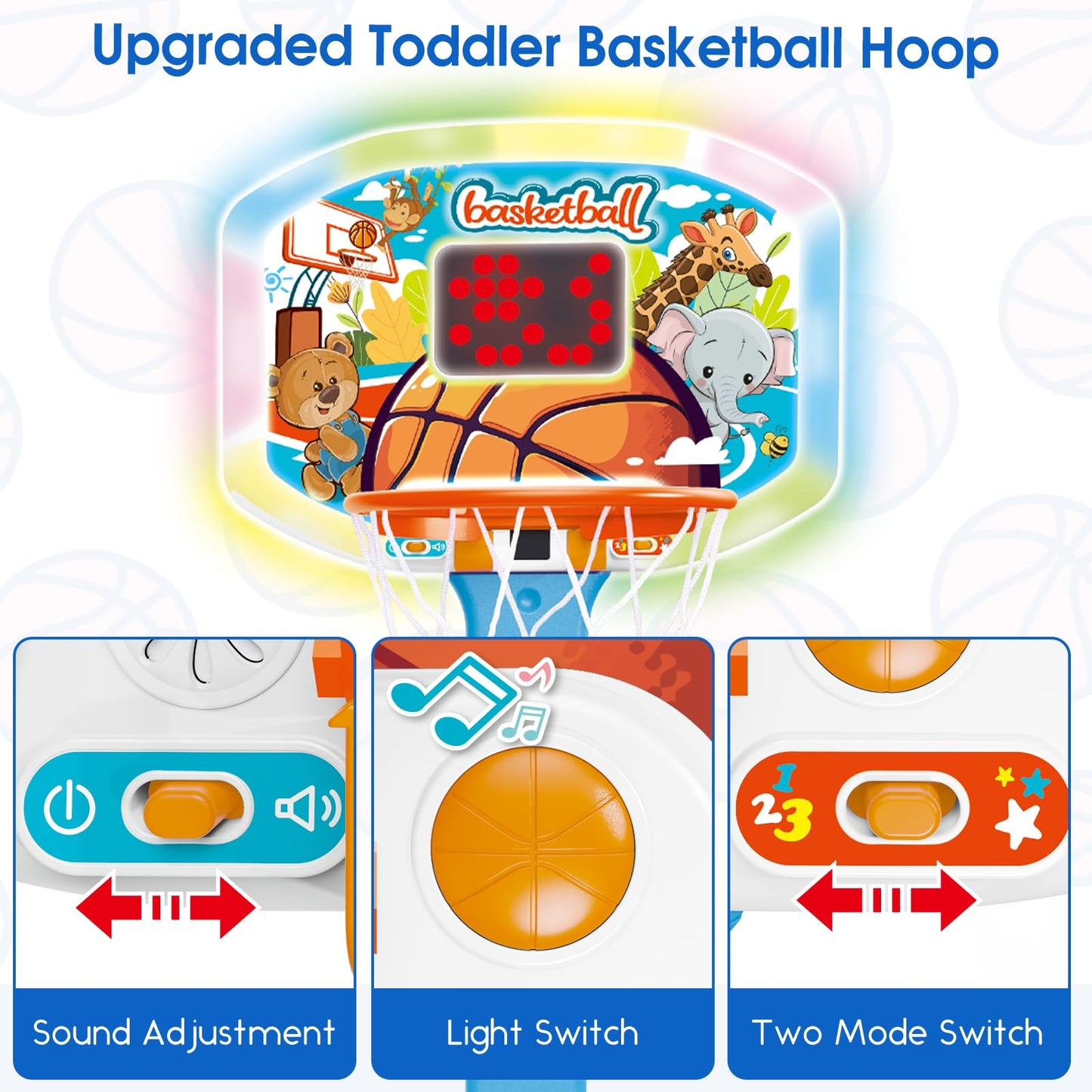 LACCHOUFEE Toddler Indoor Basketball Hoop with LED Scoreboard – Adjustable 29.5–41.3 Inches