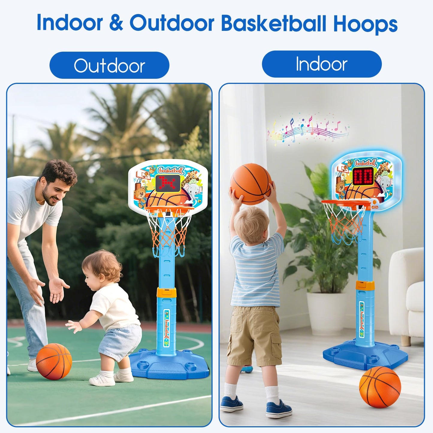 LACCHOUFEE Toddler Indoor Basketball Hoop with LED Scoreboard – Adjustable 29.5–41.3 Inches