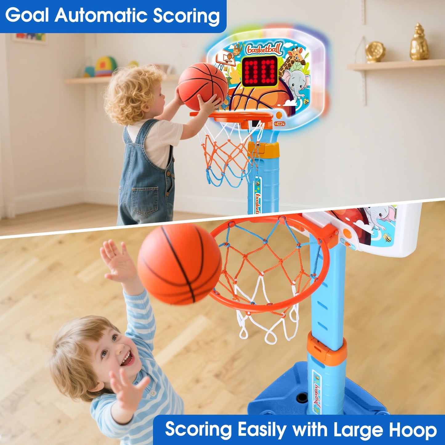 LACCHOUFEE Toddler Indoor Basketball Hoop with LED Scoreboard – Adjustable 29.5–41.3 Inches