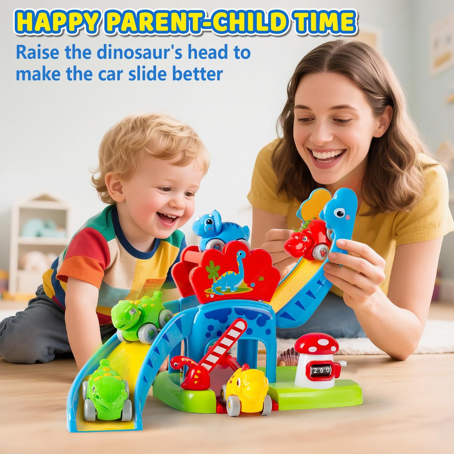 LACCHOUFEE Dino Race Track Toys for Toddlers 1-3 | 4 Friction-Powered Cars & Montessori-Style Learning