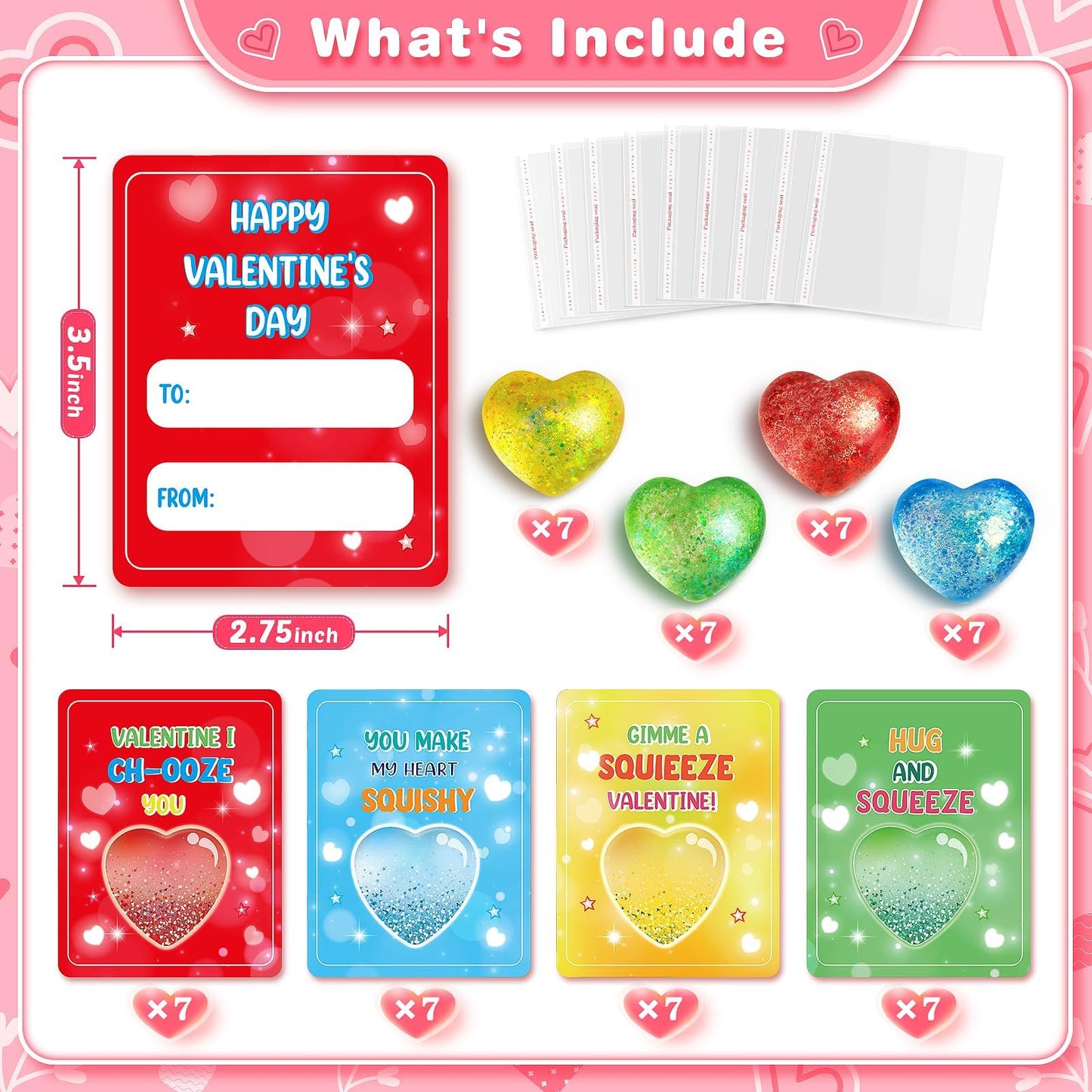 Valentine's Day Gift Cards for Kids — 24 Heart Gem Stress Balls with Greeting Cards | LACCHOUFEE