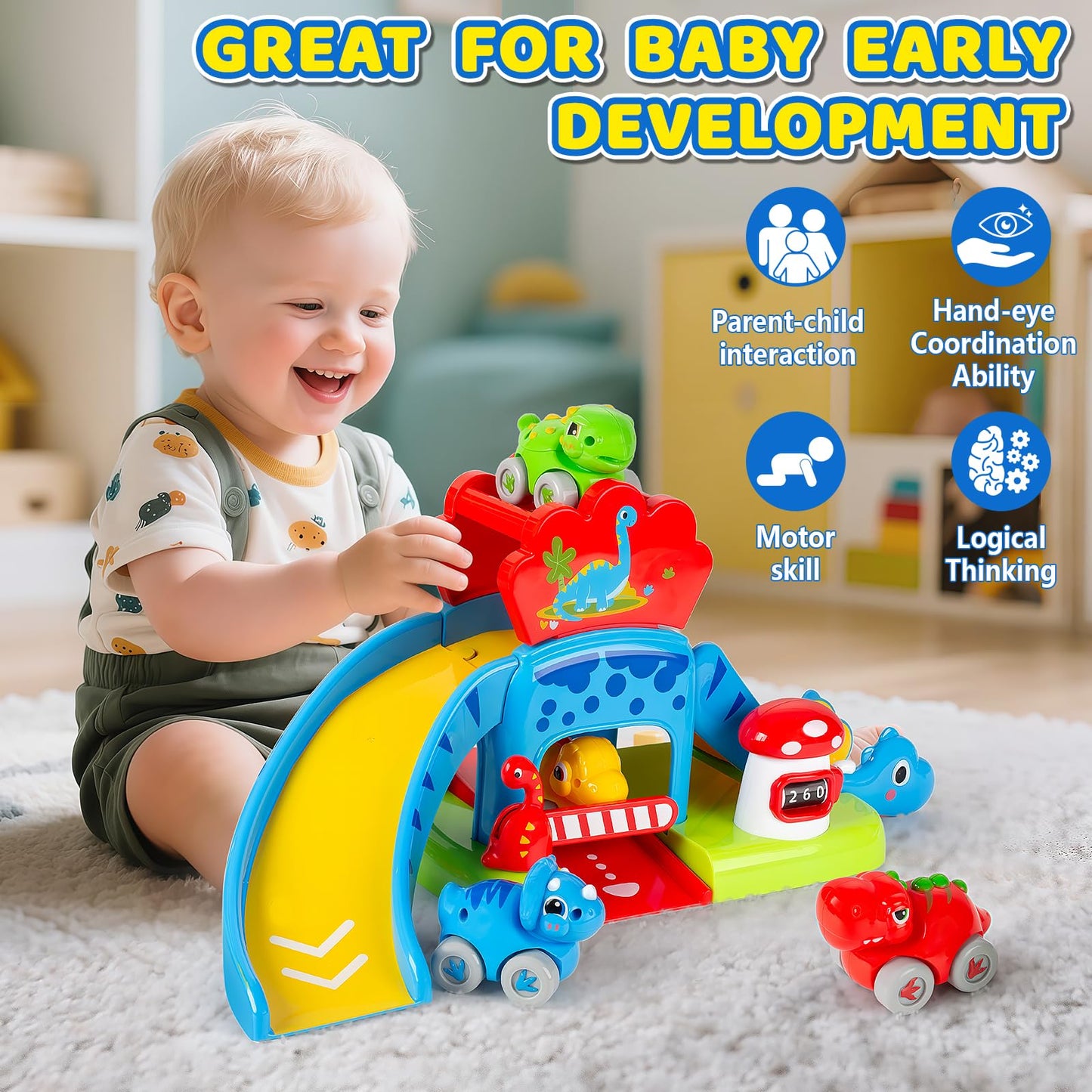 LACCHOUFEE Dino Race Track Toys for Toddlers 1-3 | 4 Friction-Powered Cars & Montessori-Style Learning