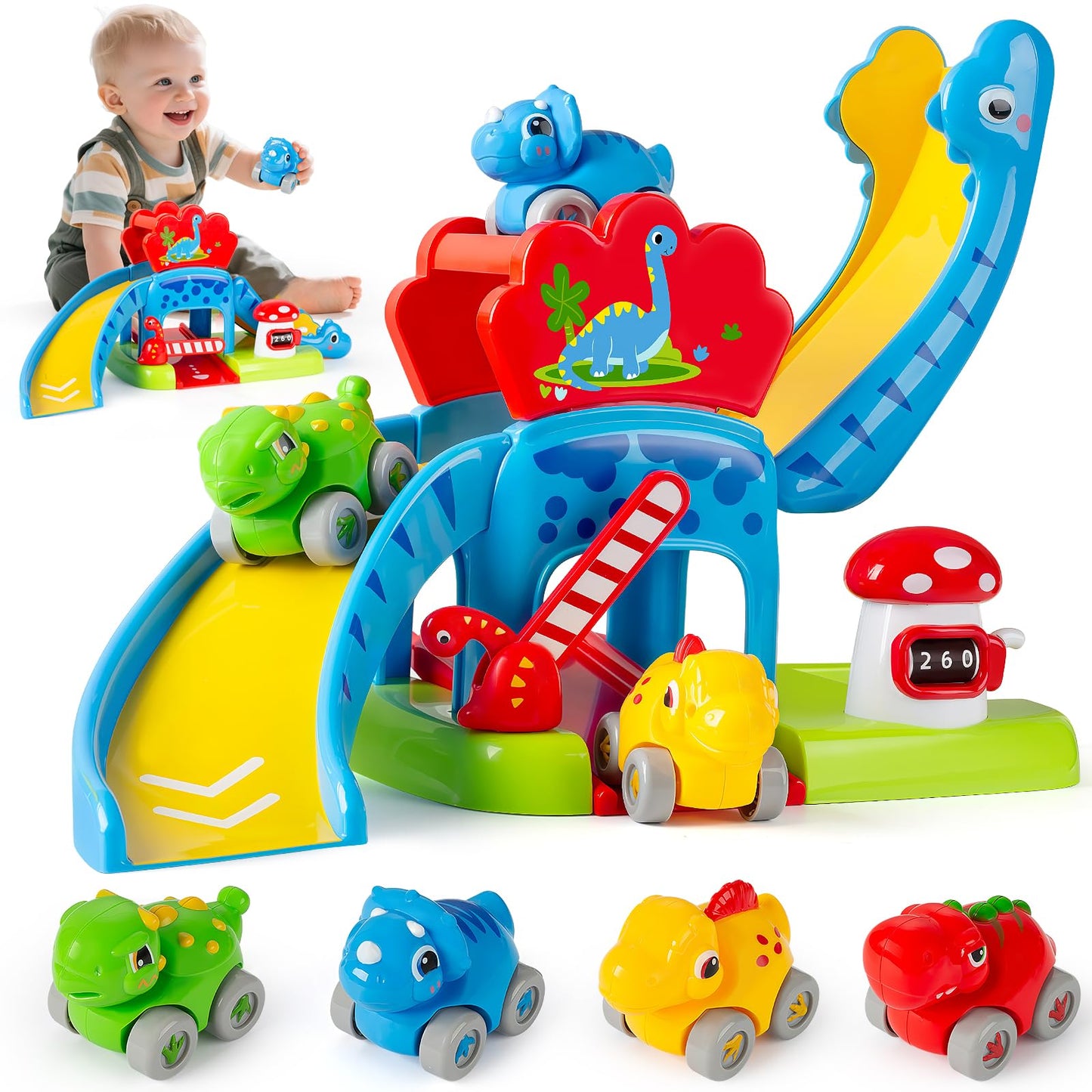 LACCHOUFEE Dino Race Track Toys for Toddlers 1-3 | 4 Friction-Powered Cars & Montessori-Style Learning