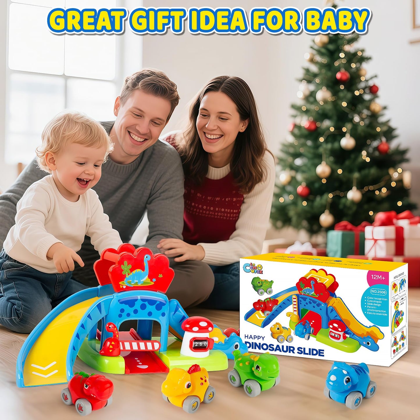 LACCHOUFEE Dino Race Track Toys for Toddlers 1-3 | 4 Friction-Powered Cars & Montessori-Style Learning