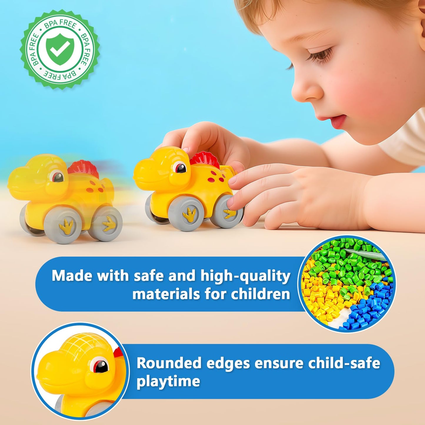 LACCHOUFEE Dino Race Track Toys for Toddlers 1-3 | 4 Friction-Powered Cars & Montessori-Style Learning