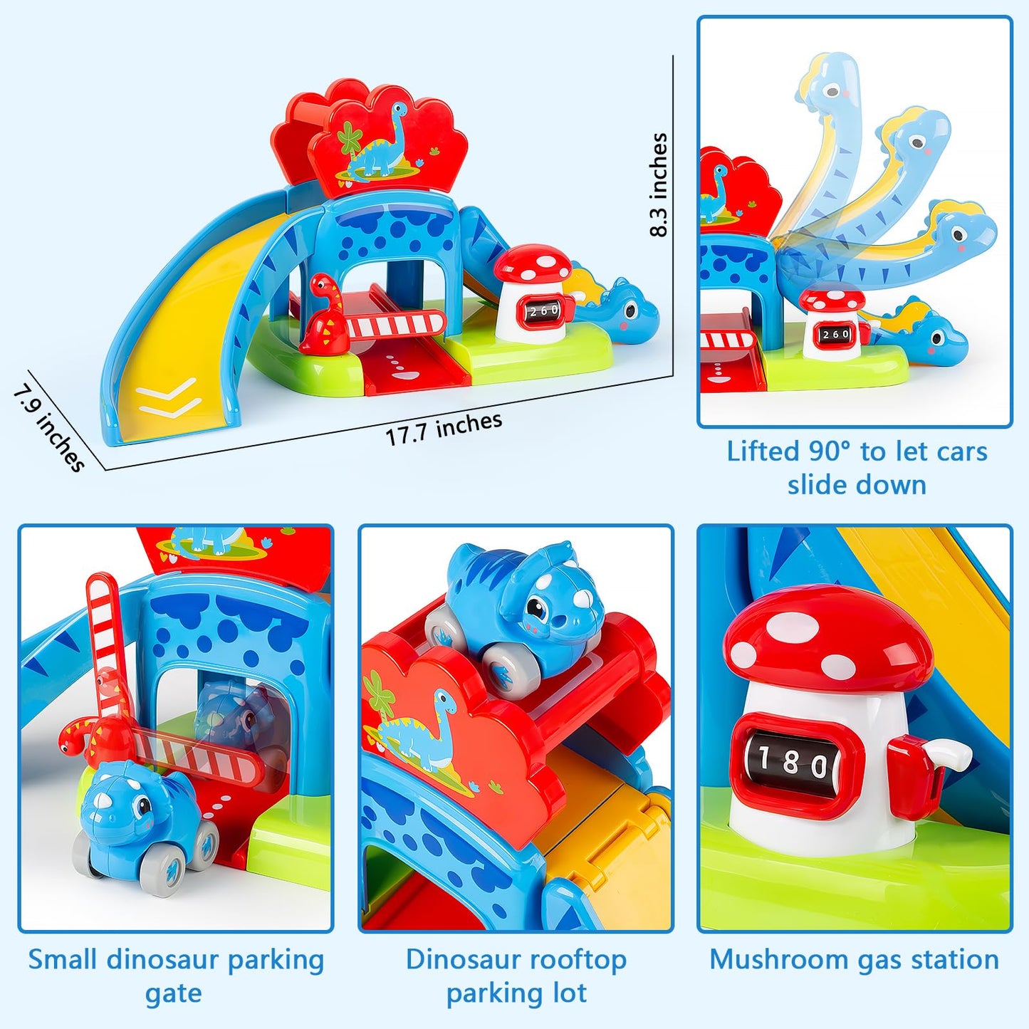 LACCHOUFEE Dino Race Track Toys for Toddlers 1-3 | 4 Friction-Powered Cars & Montessori-Style Learning