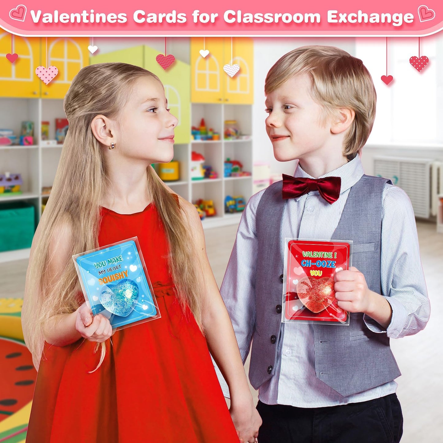 Valentine's Day Gift Cards for Kids — 24 Heart Gem Stress Balls with Greeting Cards | LACCHOUFEE