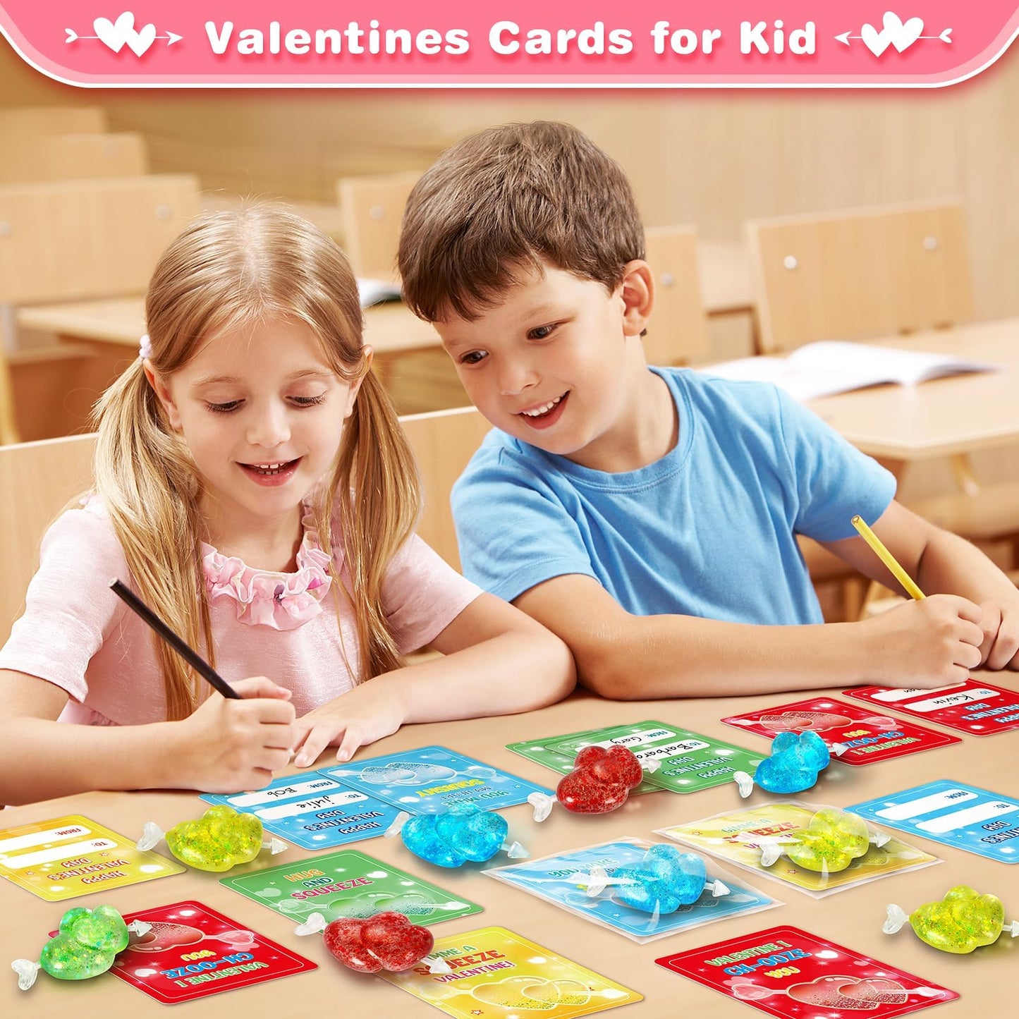 LACCHOUFEE Valentines Day Card and Heart Stress Ball Set – 24 Pack for Kids Classroom Gifts