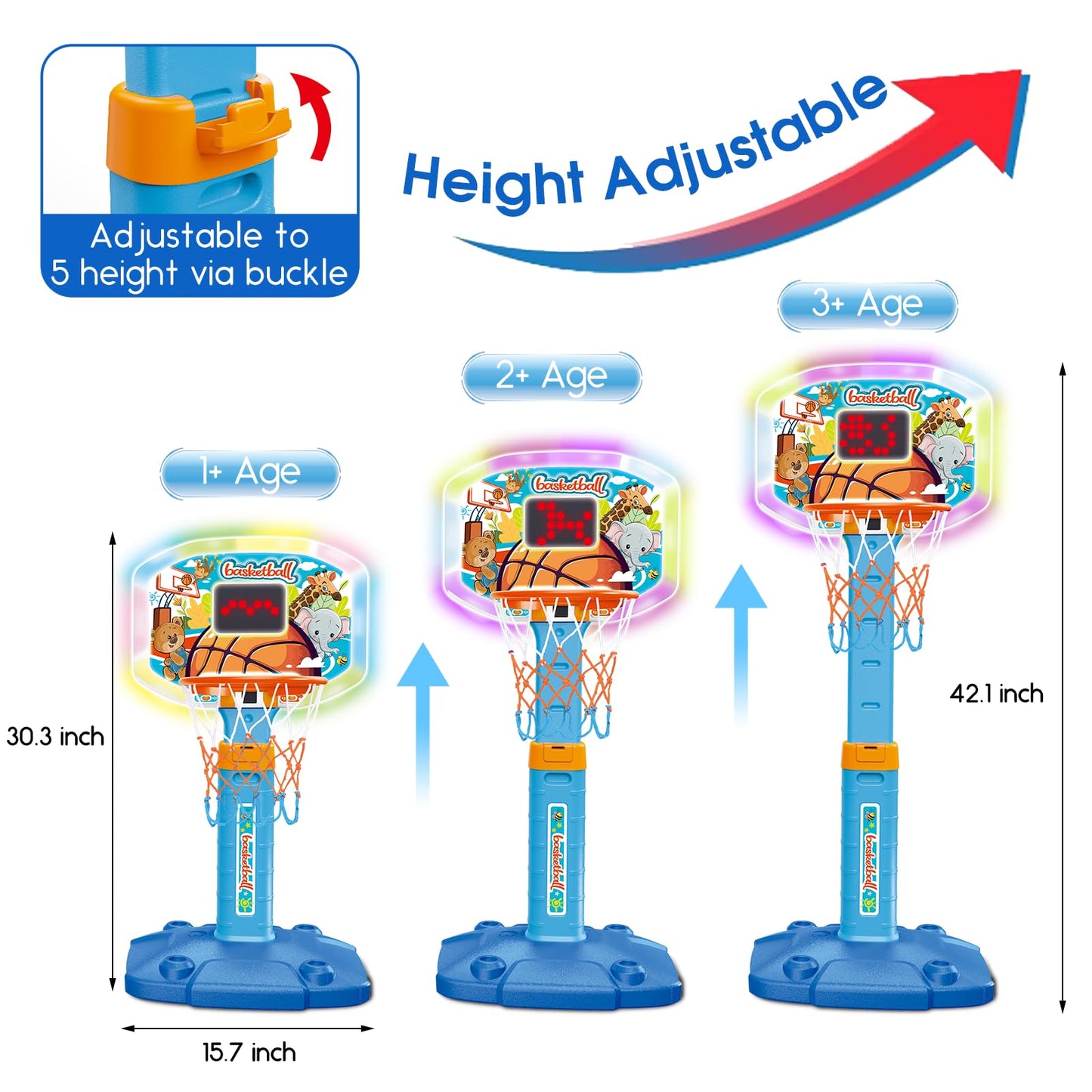 LACCHOUFEE Toddler Indoor Basketball Hoop with LED Scoreboard – Adjustable 29.5–41.3 Inches