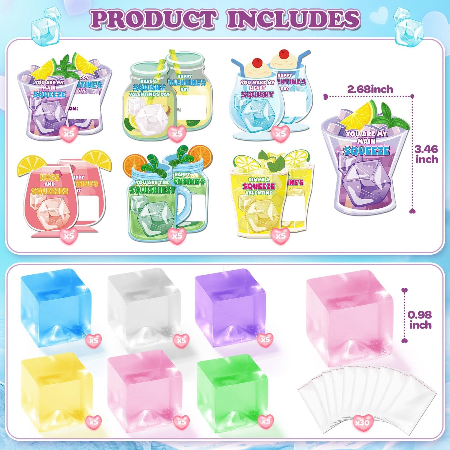 LACCHOUFEE Valentines Ice Cube Squeeze Toys – 30 Pack with Cards for Kids, Classroom Gifts & Party Favors