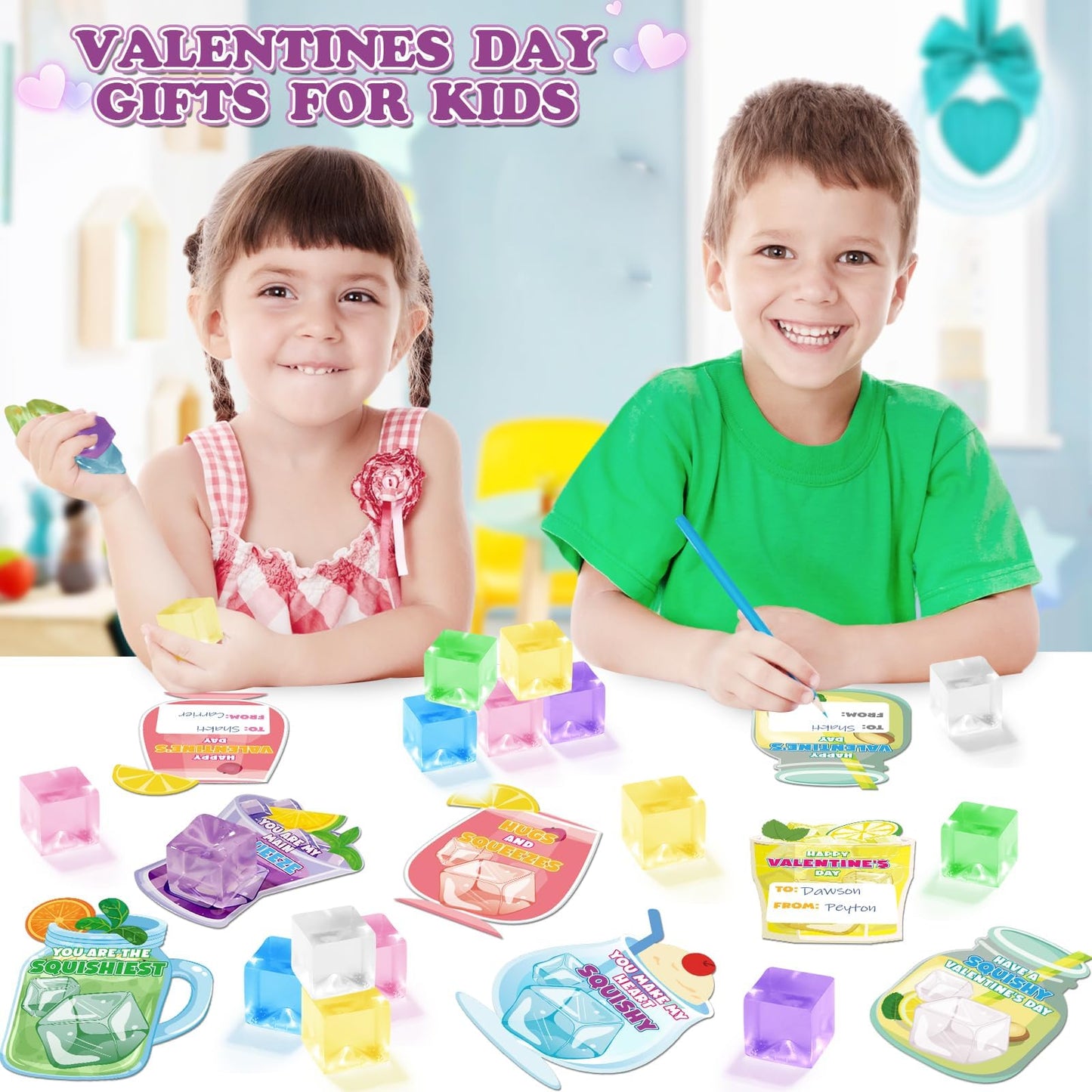 LACCHOUFEE Valentines Ice Cube Squeeze Toys – 30 Pack with Cards for Kids, Classroom Gifts & Party Favors