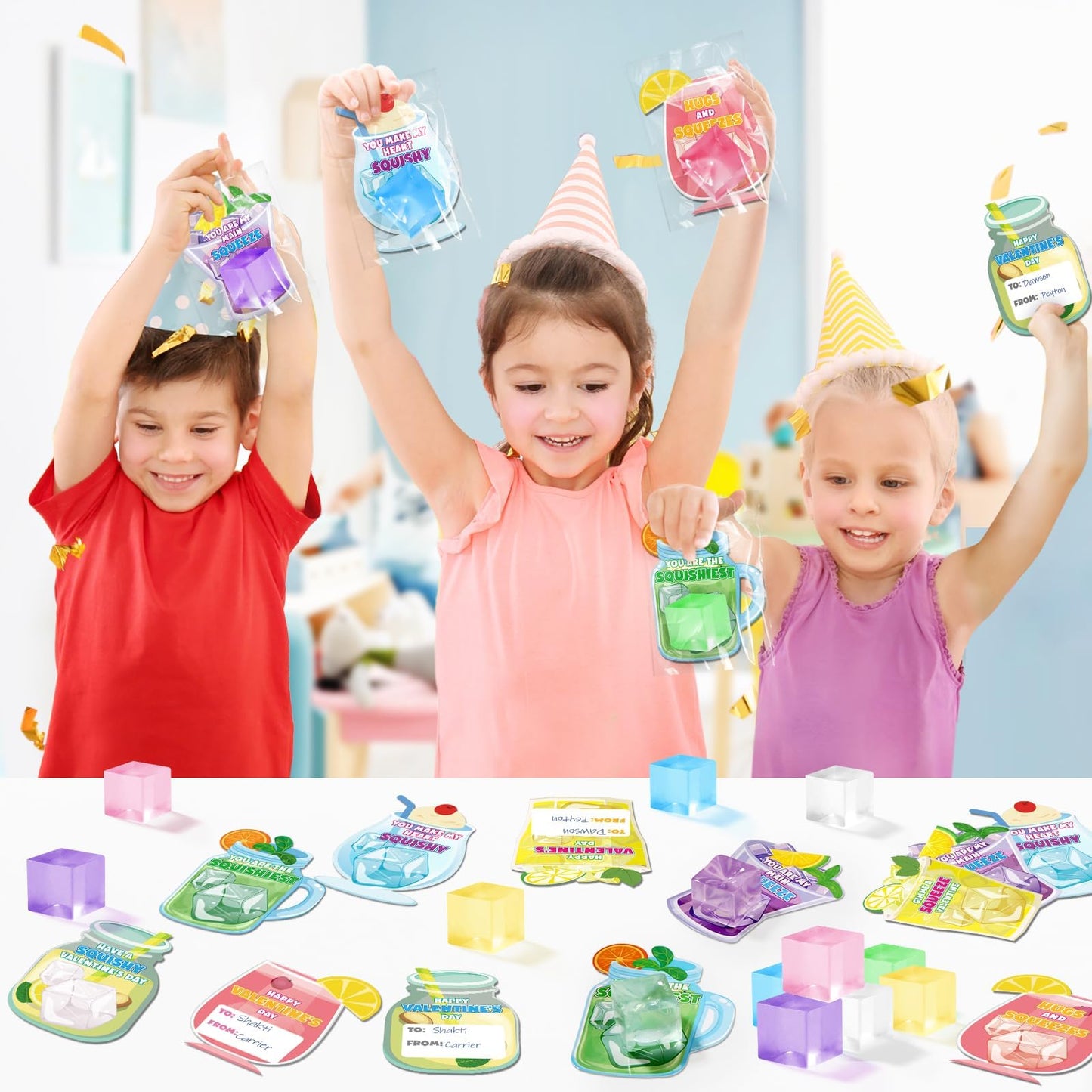 LACCHOUFEE Valentines Ice Cube Squeeze Toys – 30 Pack with Cards for Kids, Classroom Gifts & Party Favors