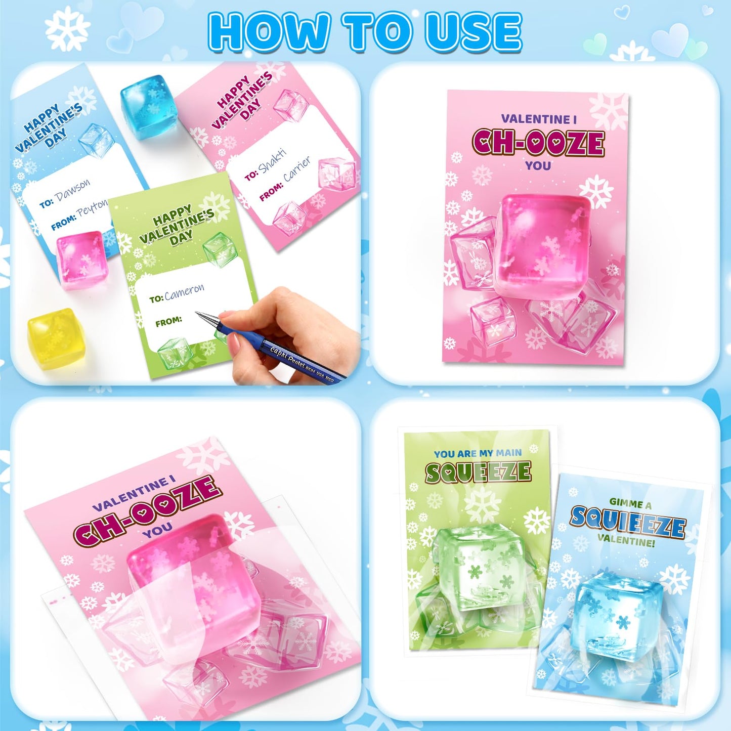 LACCHOUFEE Valentines Gifts Cards for Kids – 30 Pack Snow Ice Cube Squeeze Toys with Greeting Cards