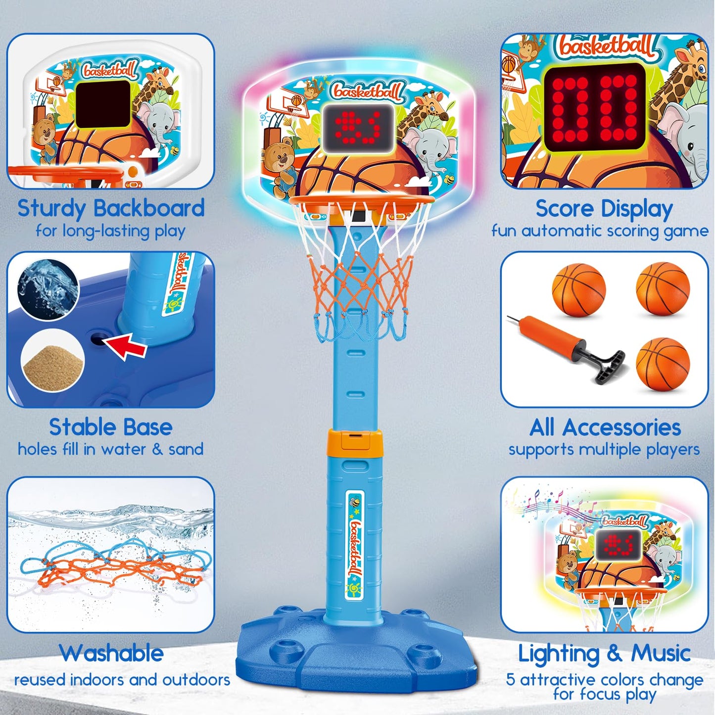 LACCHOUFEE Toddler Indoor Basketball Hoop with LED Scoreboard – Adjustable 29.5–41.3 Inches