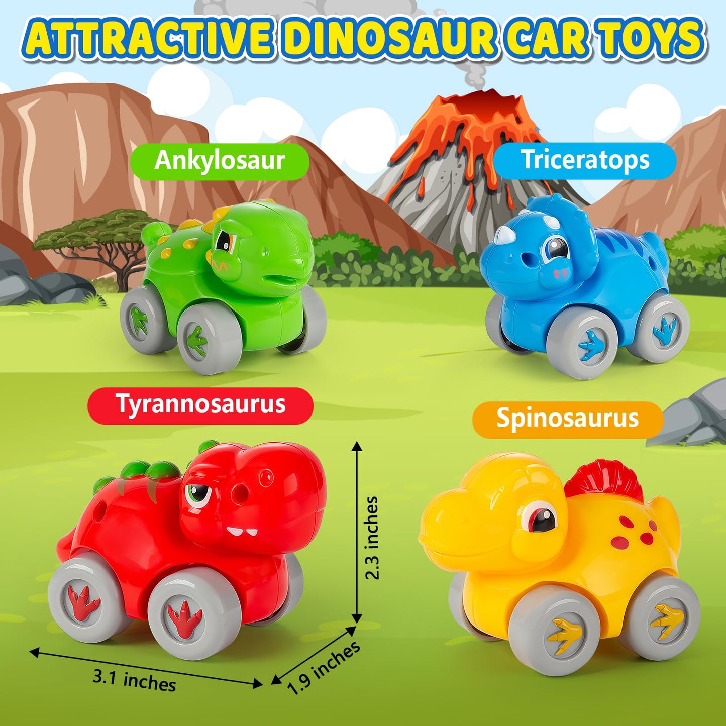 LACCHOUFEE Dino Race Track Toys for Toddlers 1-3 | 4 Friction-Powered Cars & Montessori-Style Learning