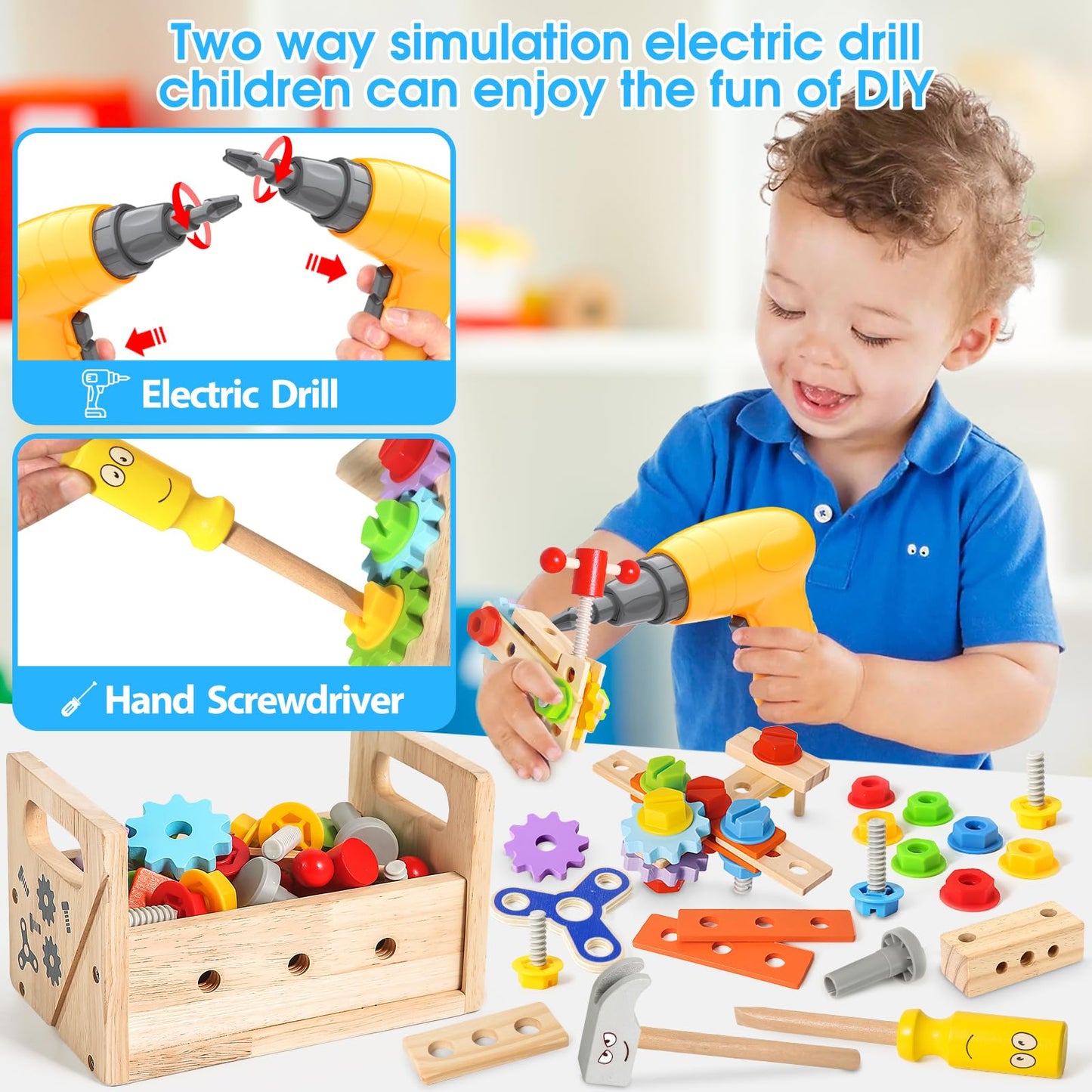 LACCHOUFEE Kids Tool Set with Drill – 37-Piece Wooden STEM Toy for Ages 2–5