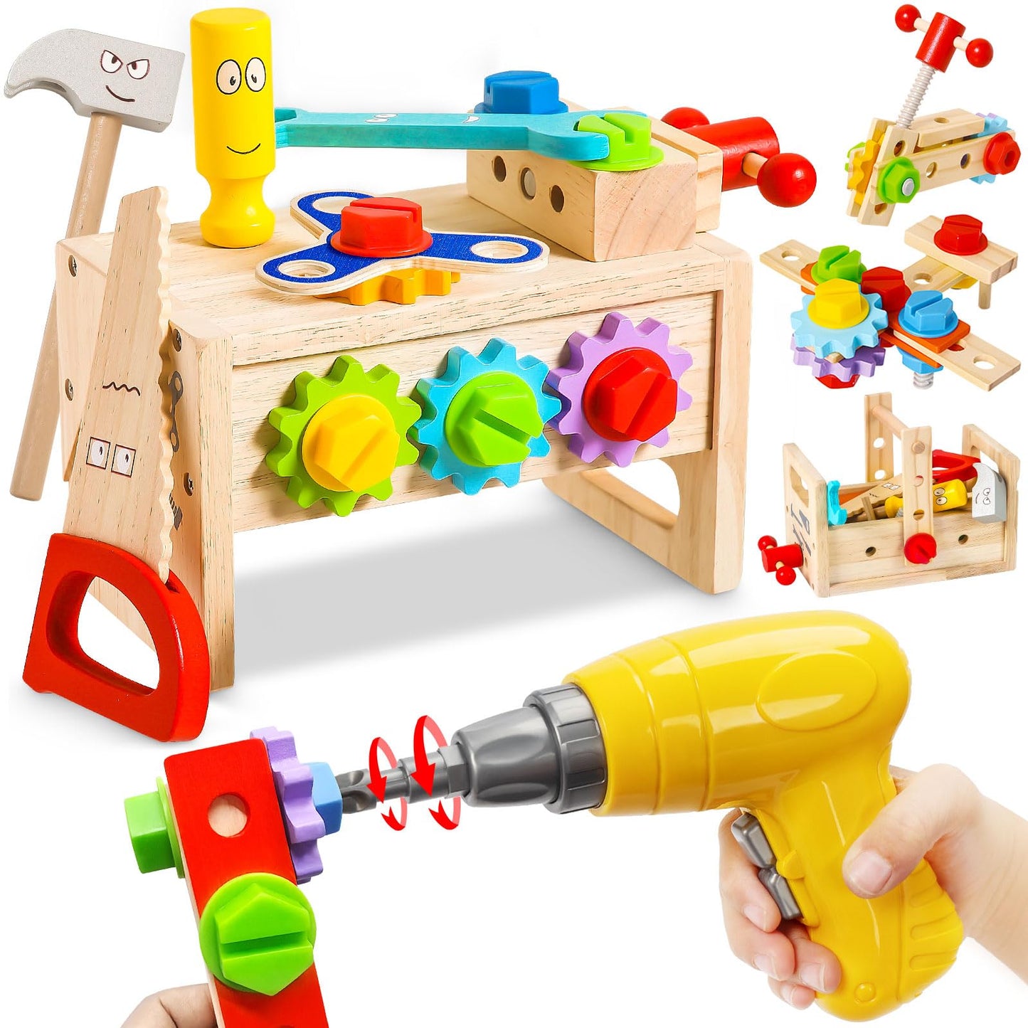 LACCHOUFEE Kids Tool Set with Drill – 37-Piece Wooden STEM Toy for Ages 2–5