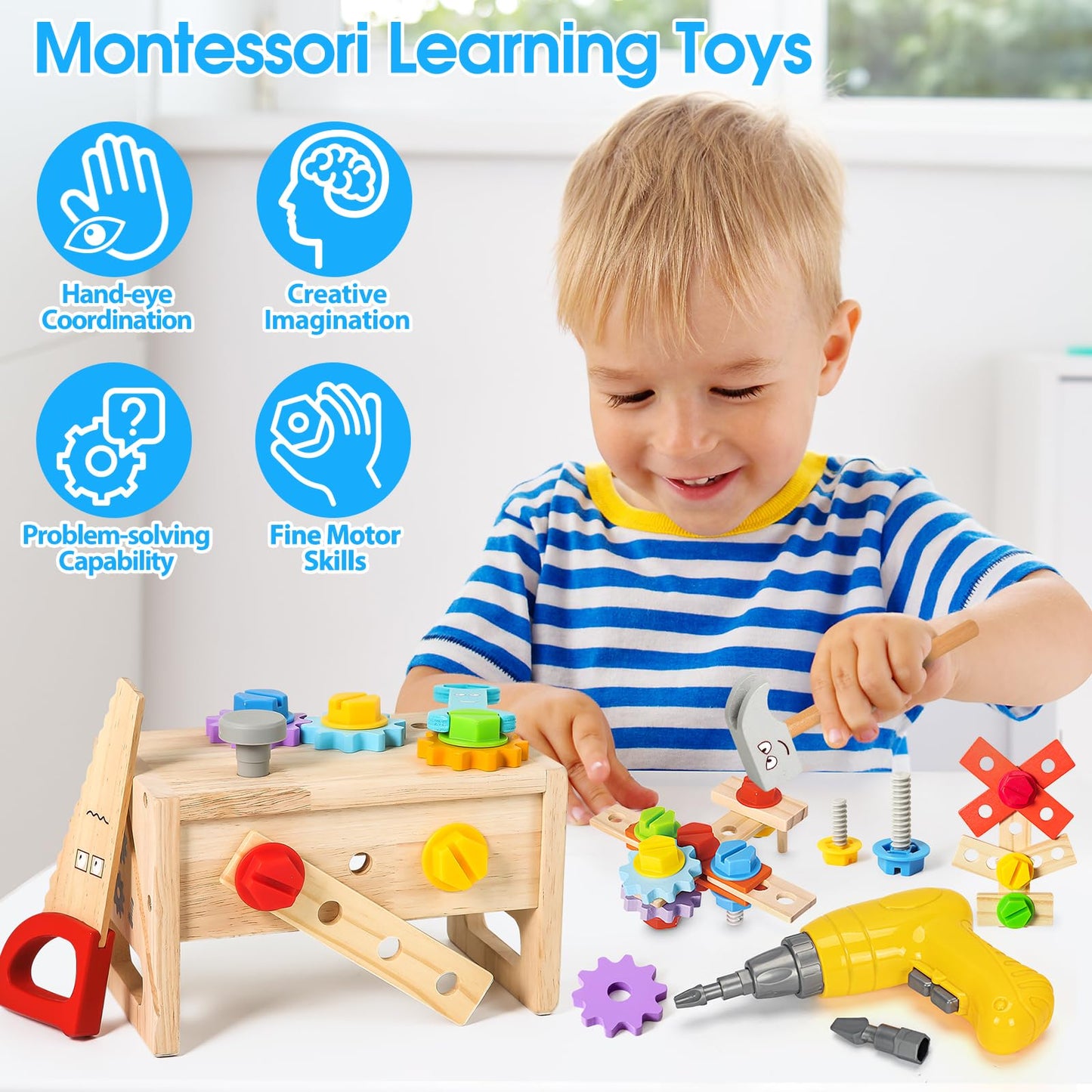 LACCHOUFEE Kids Tool Set with Drill – 37-Piece Wooden STEM Toy for Ages 2–5