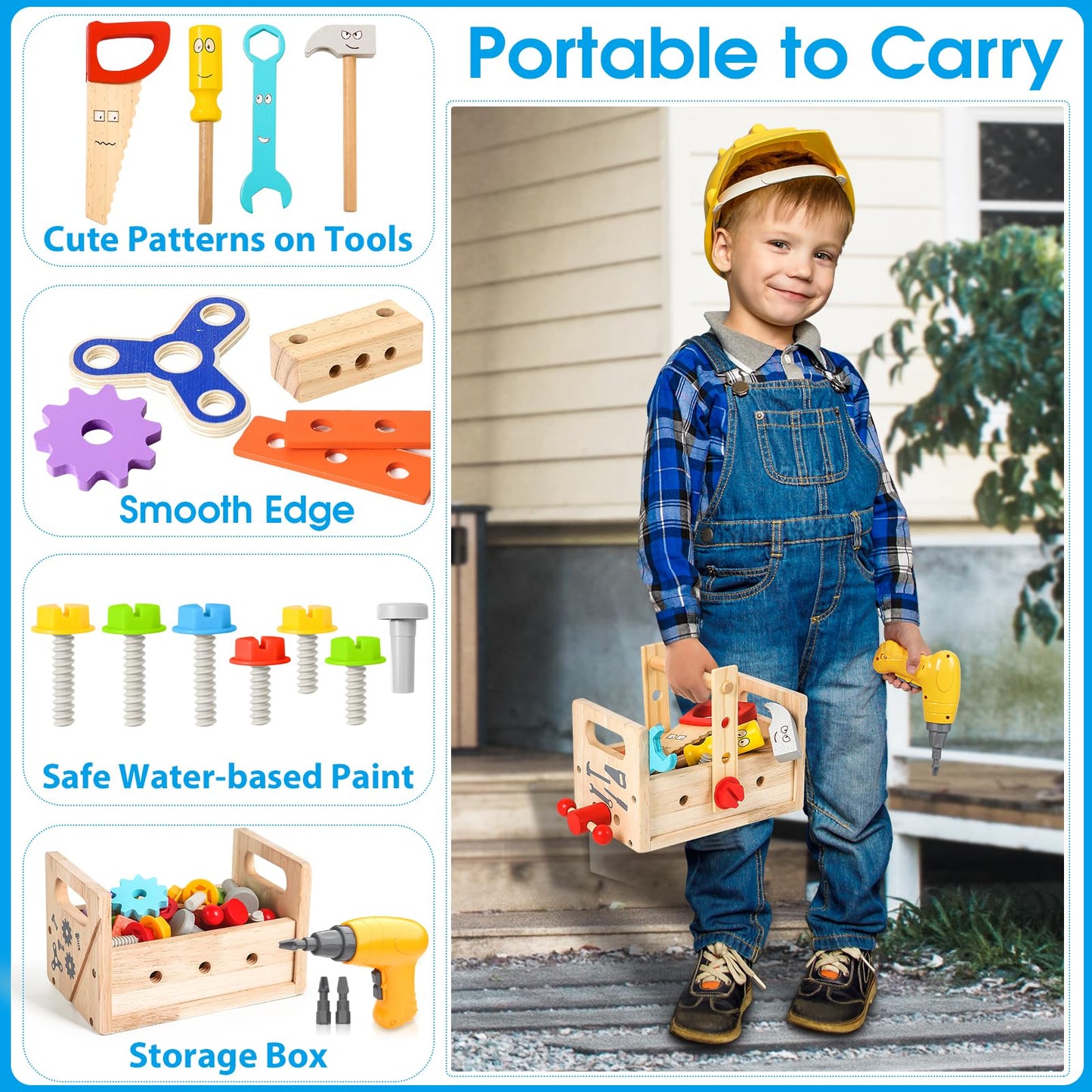 LACCHOUFEE Kids Tool Set with Drill – 37-Piece Wooden STEM Toy for Ages 2–5