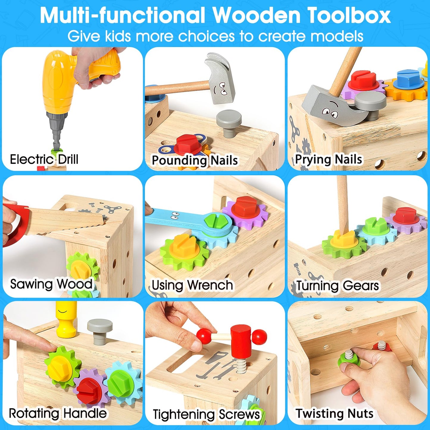 LACCHOUFEE Kids Tool Set with Drill – 37-Piece Wooden STEM Toy for Ages 2–5
