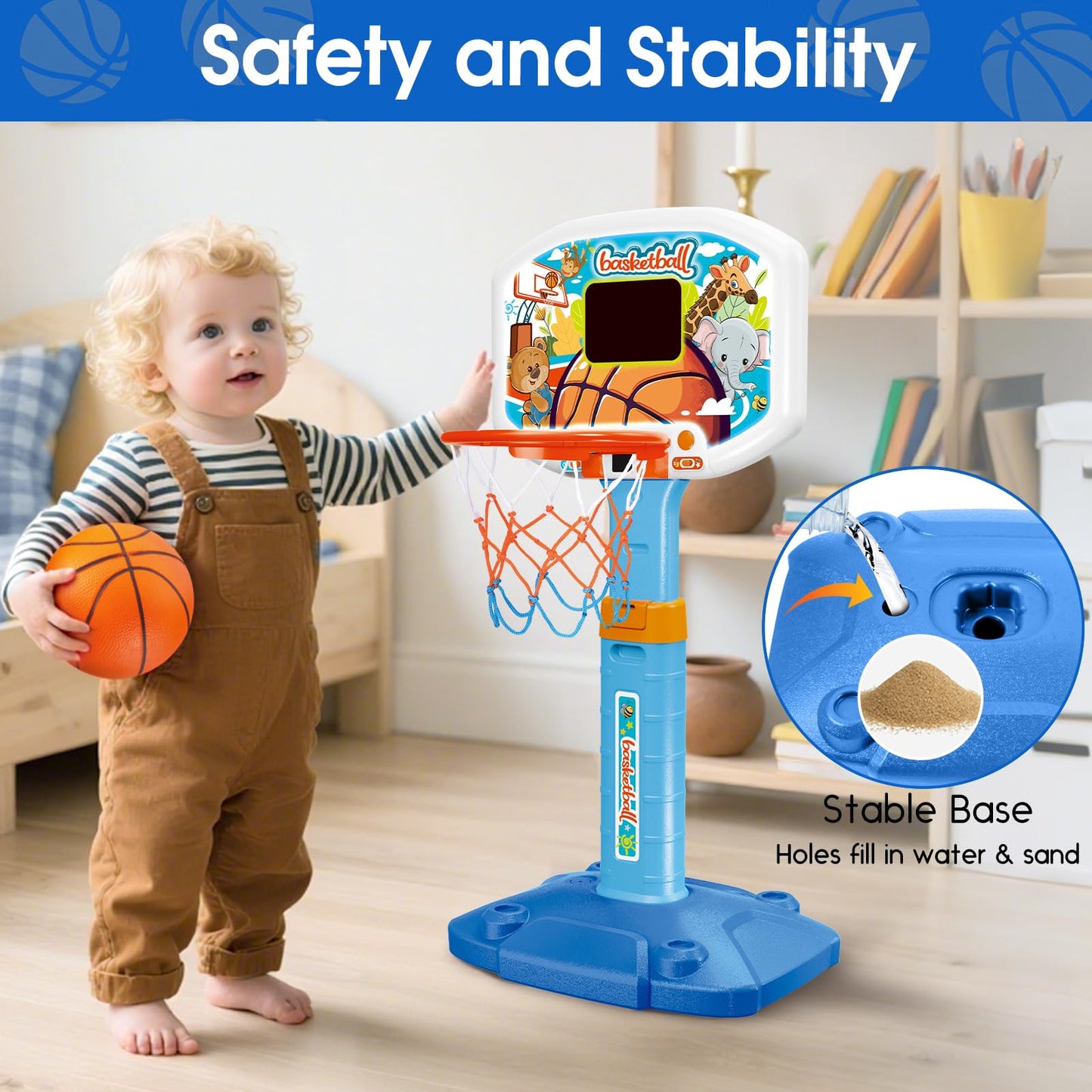 LACCHOUFEE Toddler Indoor Basketball Hoop with LED Scoreboard – Adjustable 29.5–41.3 Inches