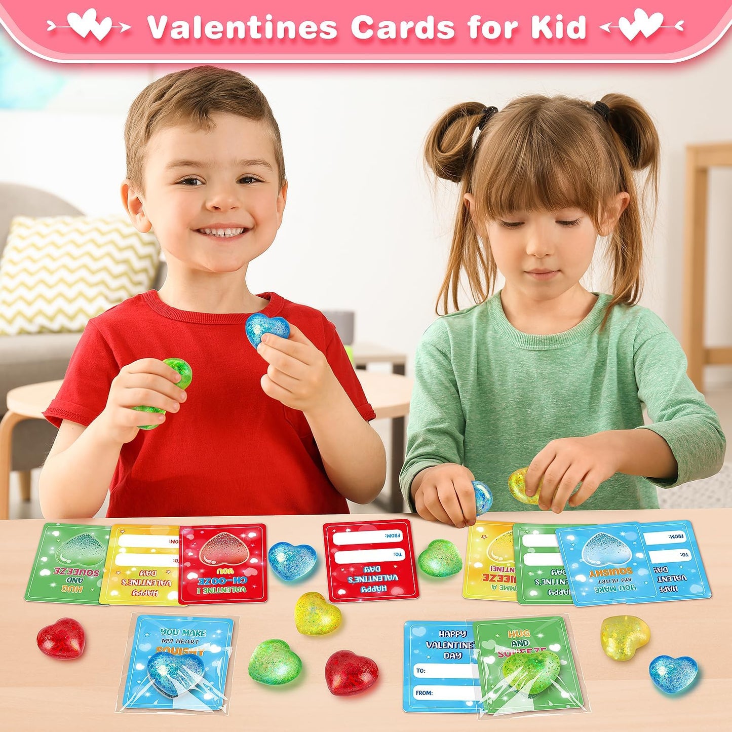 Valentine's Day Gift Cards for Kids — 24 Heart Gem Stress Balls with Greeting Cards | LACCHOUFEE