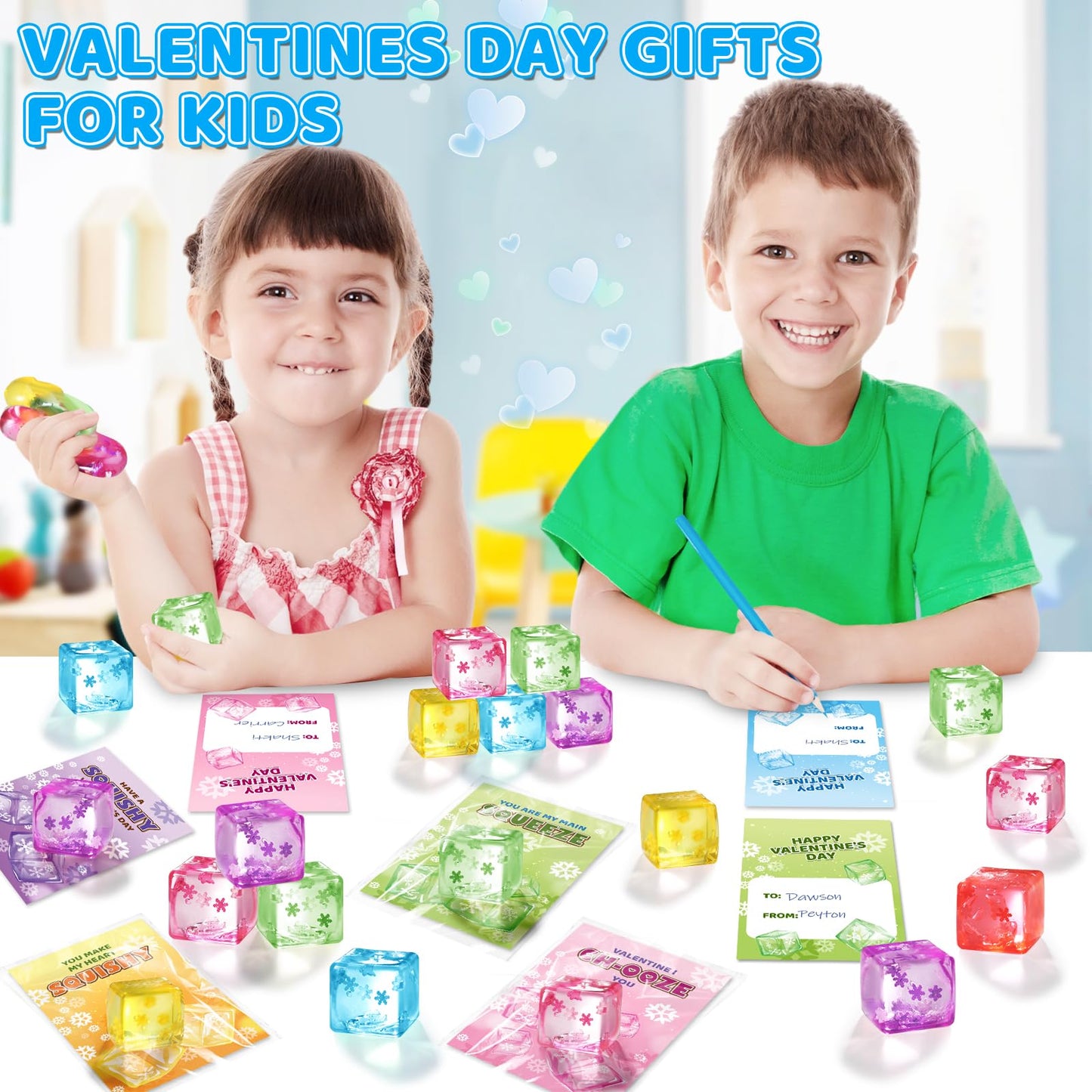 LACCHOUFEE Valentines Gifts Cards for Kids – 30 Pack Snow Ice Cube Squeeze Toys with Greeting Cards