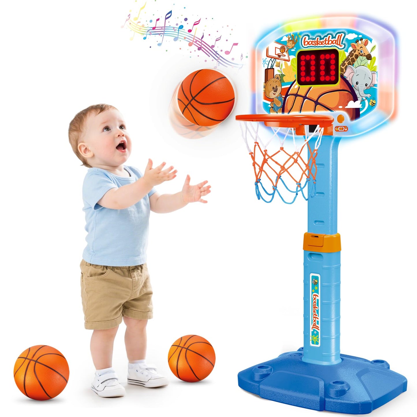 LACCHOUFEE Toddler Indoor Basketball Hoop with LED Scoreboard – Adjustable 29.5–41.3 Inches
