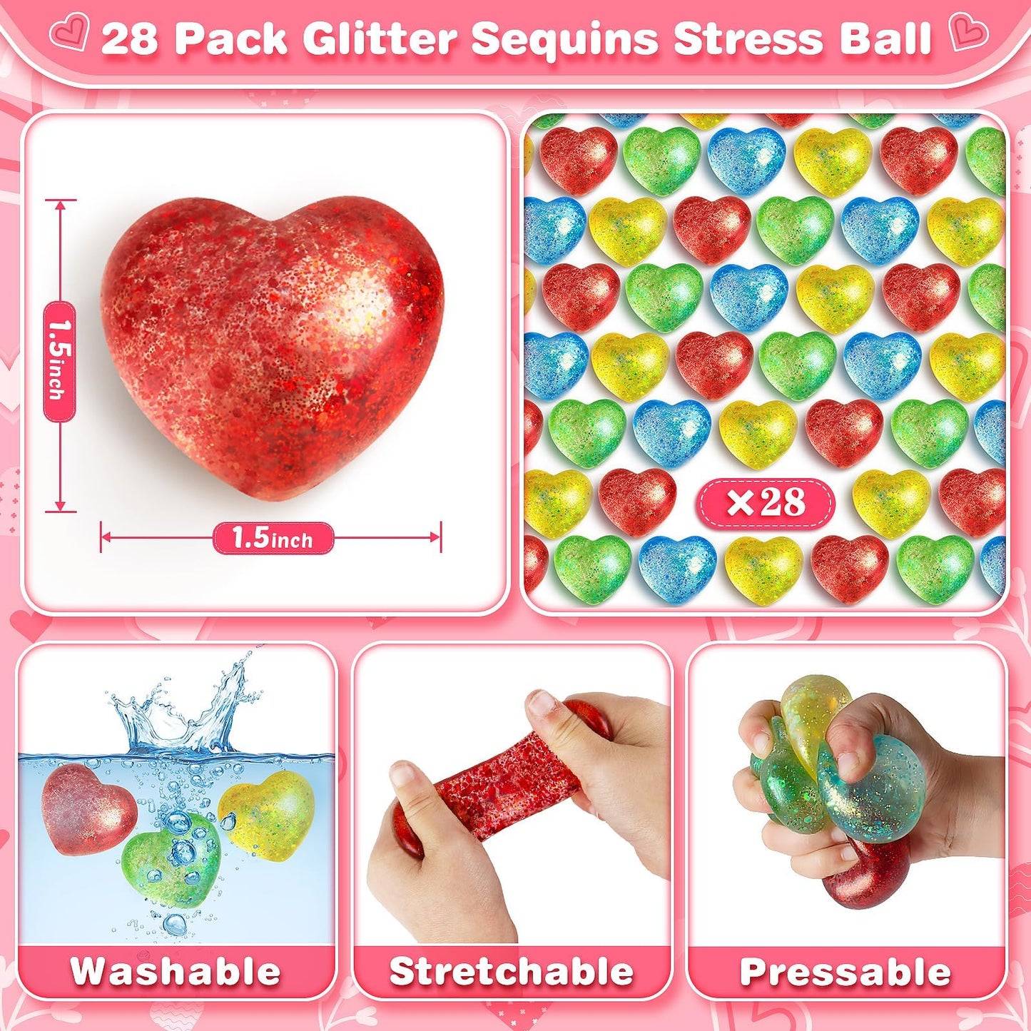 Valentine's Day Gift Cards for Kids — 24 Heart Gem Stress Balls with Greeting Cards | LACCHOUFEE