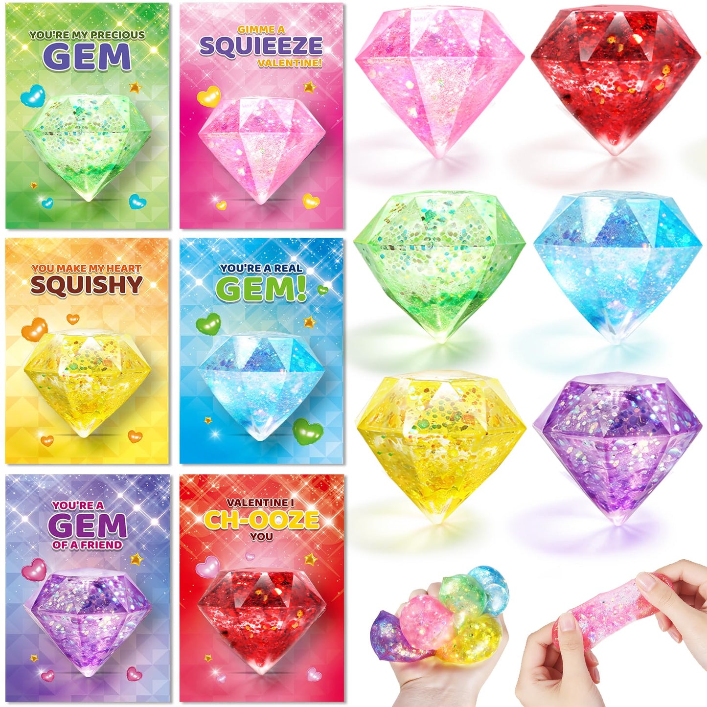 LACCHOUFEE Valentines Gift Cards for Kids — 24-Pack Gem Squeeze Toys Set