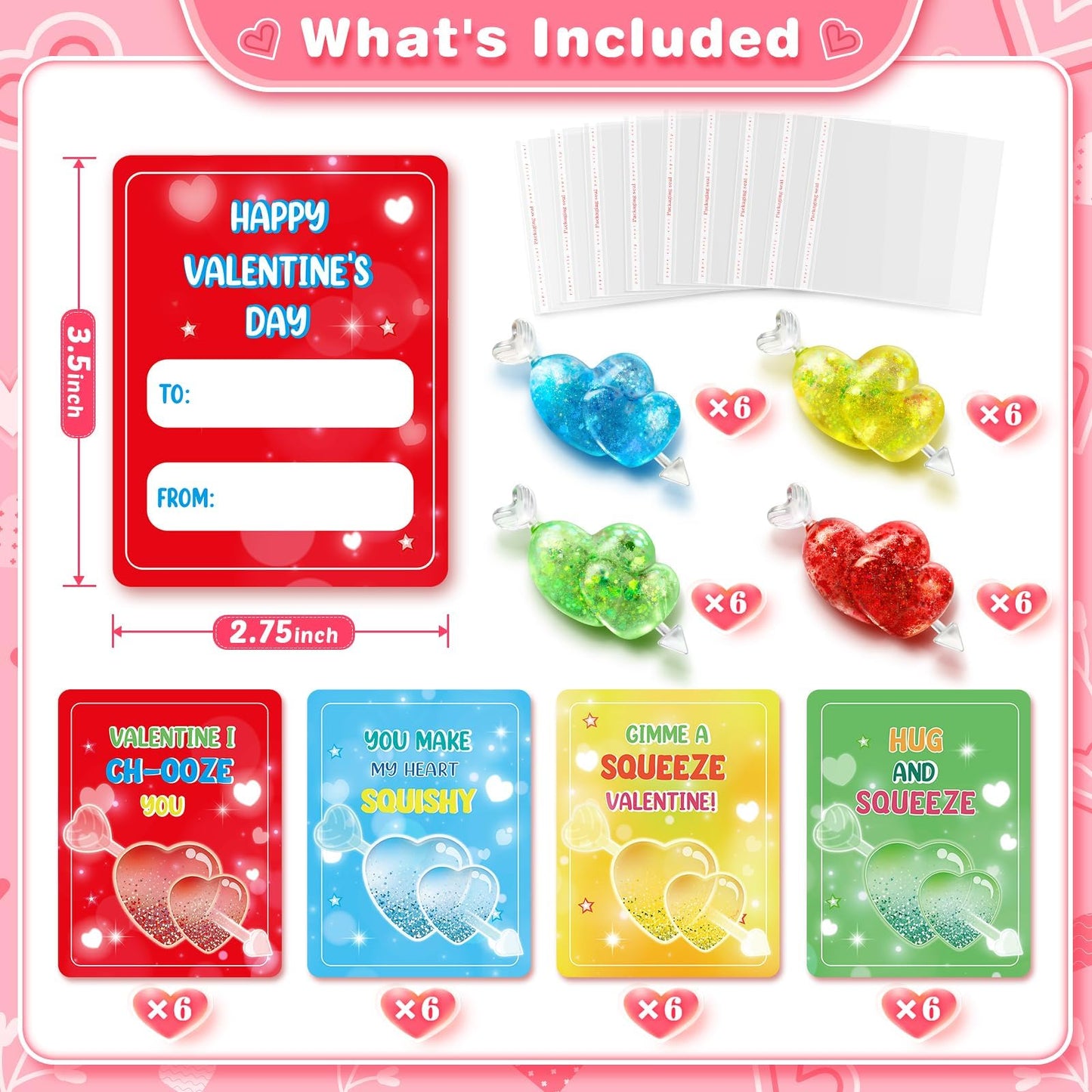 LACCHOUFEE Valentines Day Card and Heart Stress Ball Set – 24 Pack for Kids Classroom Gifts