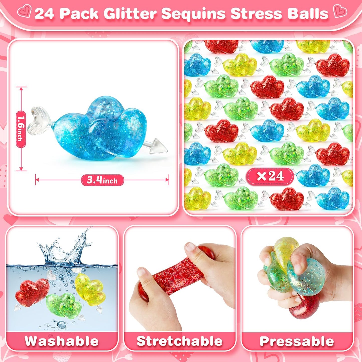 LACCHOUFEE Valentines Day Card and Heart Stress Ball Set – 24 Pack for Kids Classroom Gifts
