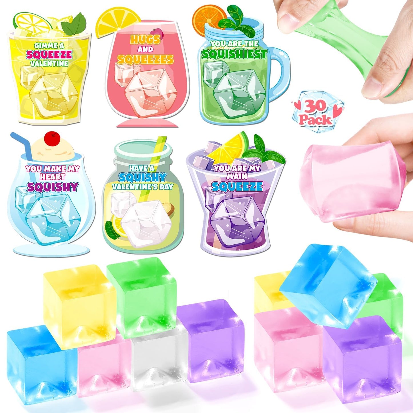 LACCHOUFEE Valentines Ice Cube Squeeze Toys – 30 Pack with Cards for Kids, Classroom Gifts & Party Favors