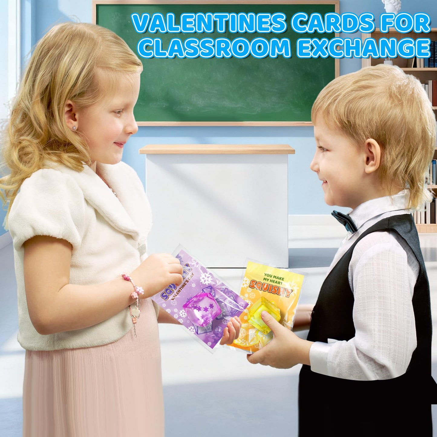 LACCHOUFEE Valentines Gifts Cards for Kids – 30 Pack Snow Ice Cube Squeeze Toys with Greeting Cards