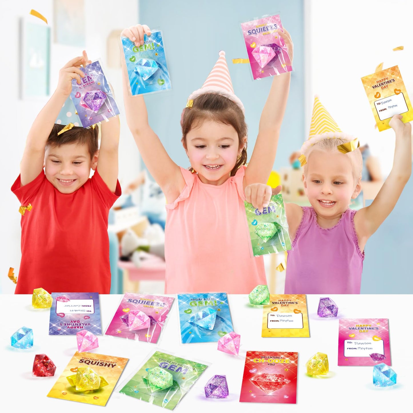 LACCHOUFEE Valentines Gift Cards for Kids — 24-Pack Gem Squeeze Toys Set