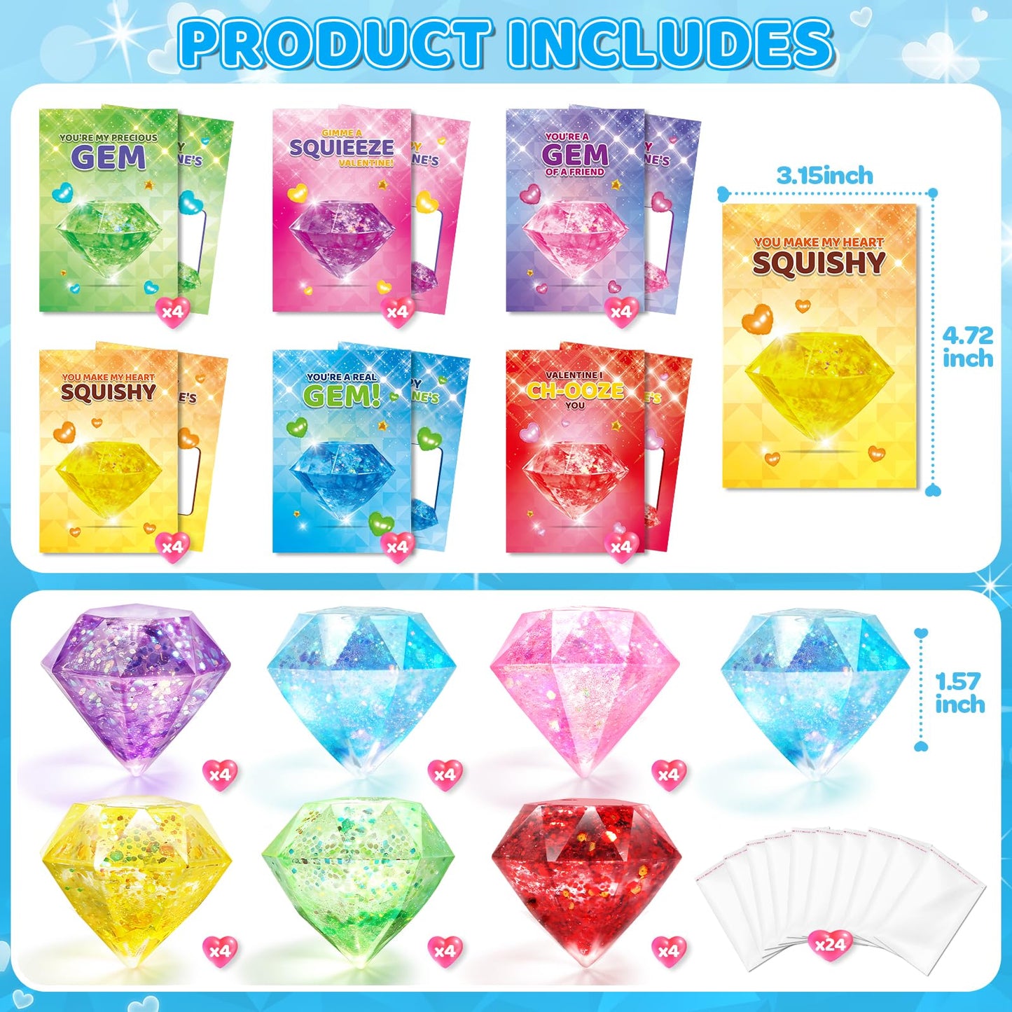 LACCHOUFEE Valentines Gift Cards for Kids — 24-Pack Gem Squeeze Toys Set
