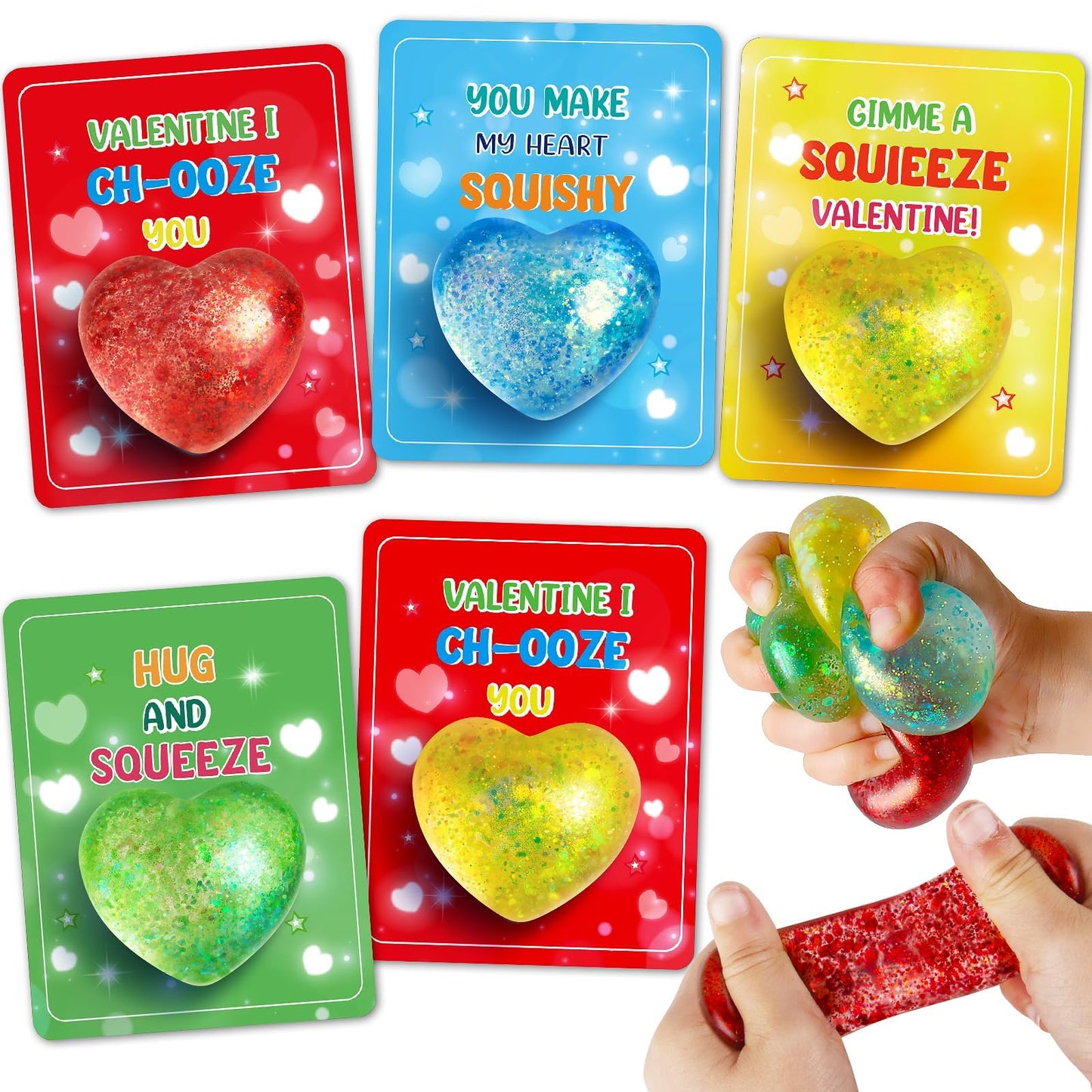 Valentine's Day Gift Cards for Kids — 24 Heart Gem Stress Balls with Greeting Cards | LACCHOUFEE
