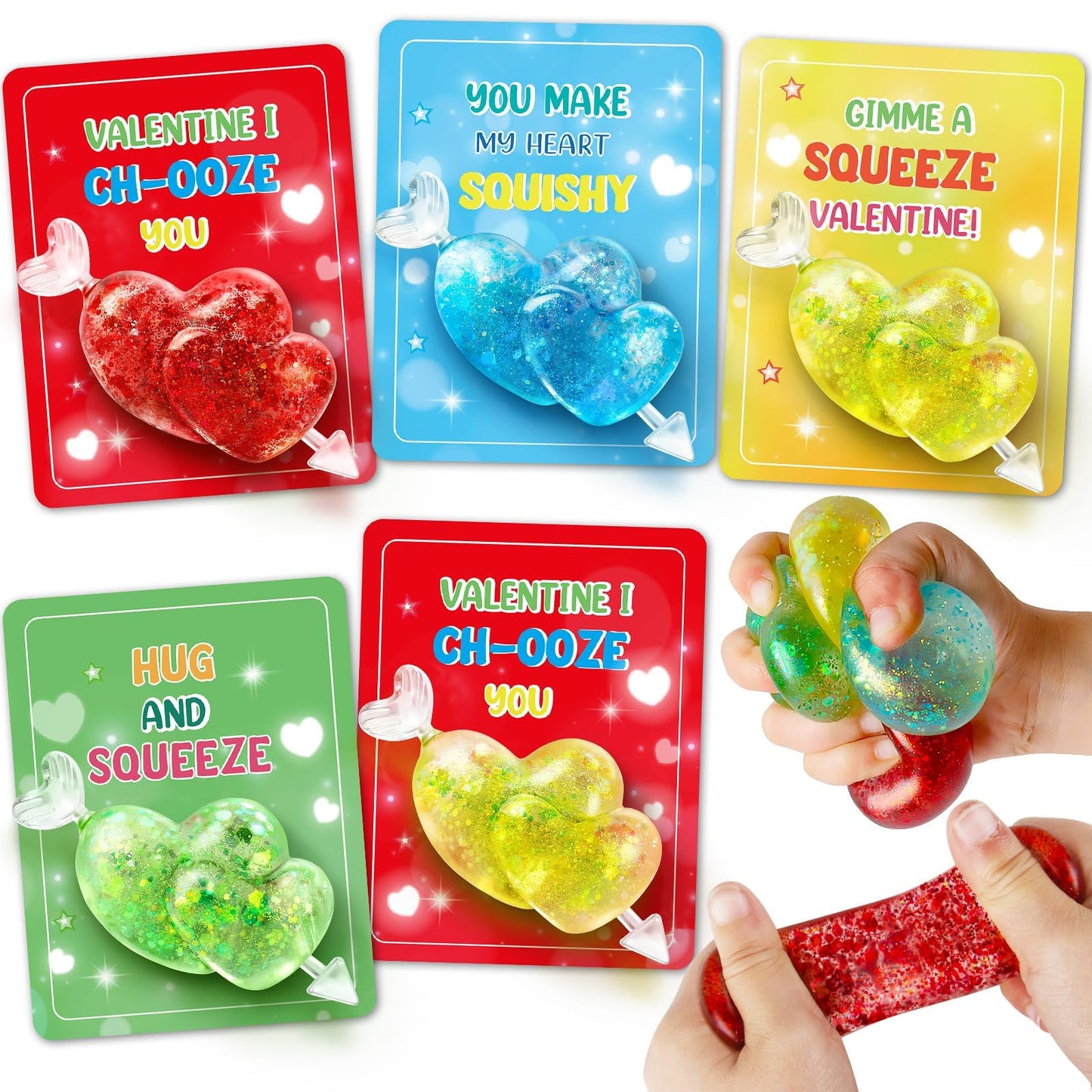 LACCHOUFEE Valentines Day Card and Heart Stress Ball Set – 24 Pack for Kids Classroom Gifts