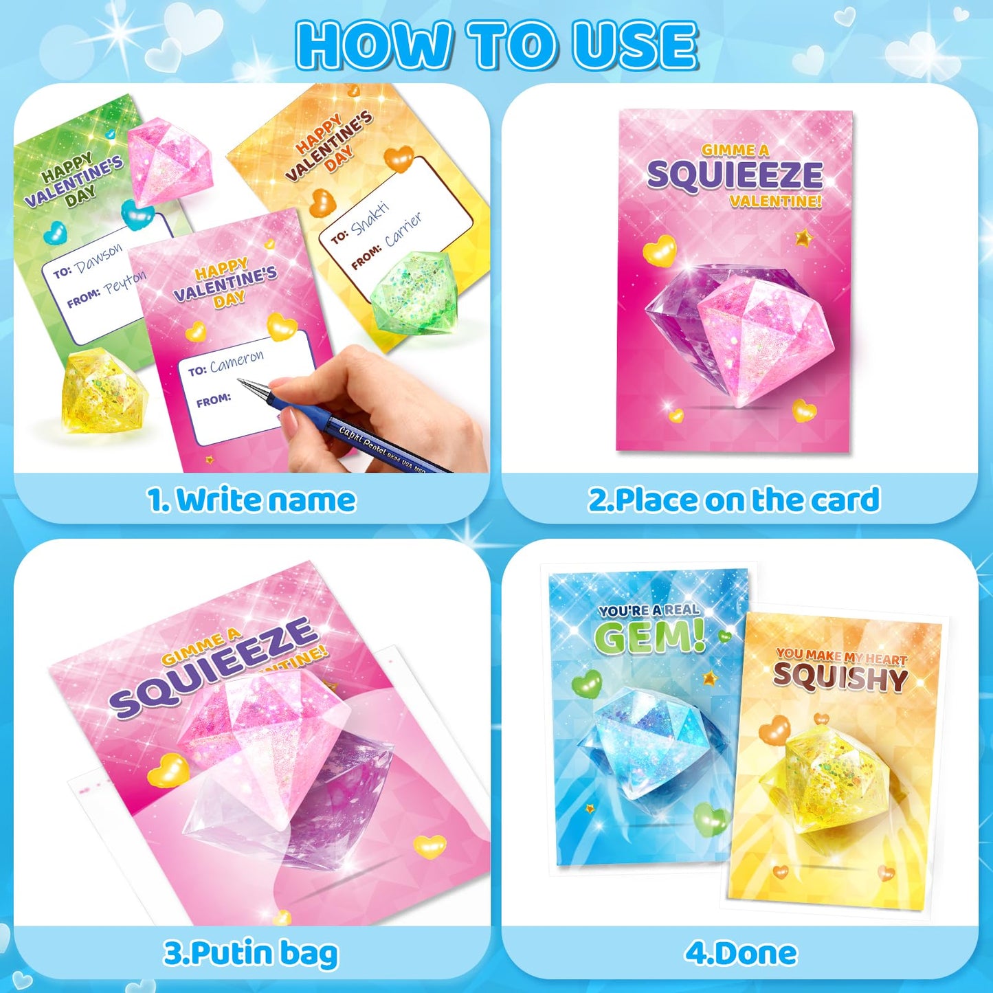 LACCHOUFEE Valentines Gift Cards for Kids — 24-Pack Gem Squeeze Toys Set