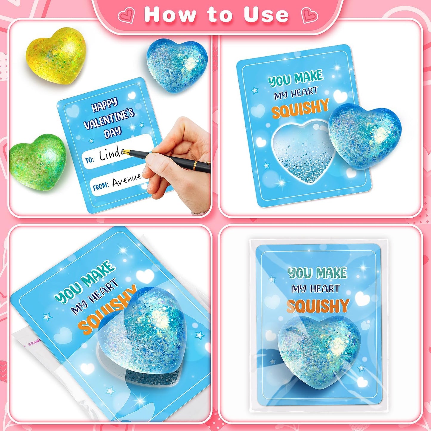 Valentine's Day Gift Cards for Kids — 24 Heart Gem Stress Balls with Greeting Cards | LACCHOUFEE