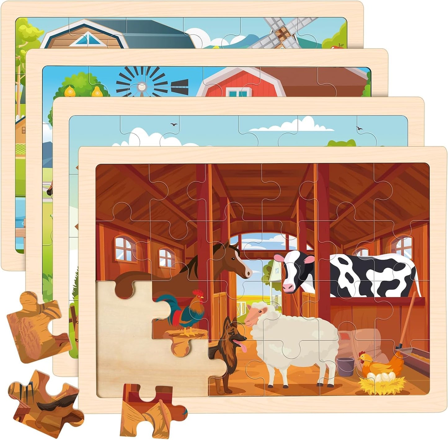 LACCHOUFEE Wooden Farm Puzzles – 4-Pack Montessori Jigsaw for Ages 3-5